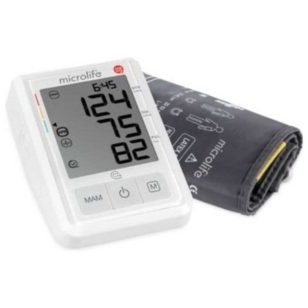Bloeddrukmeter met display en manchet. Weergave van waarden. Merk Microlife.