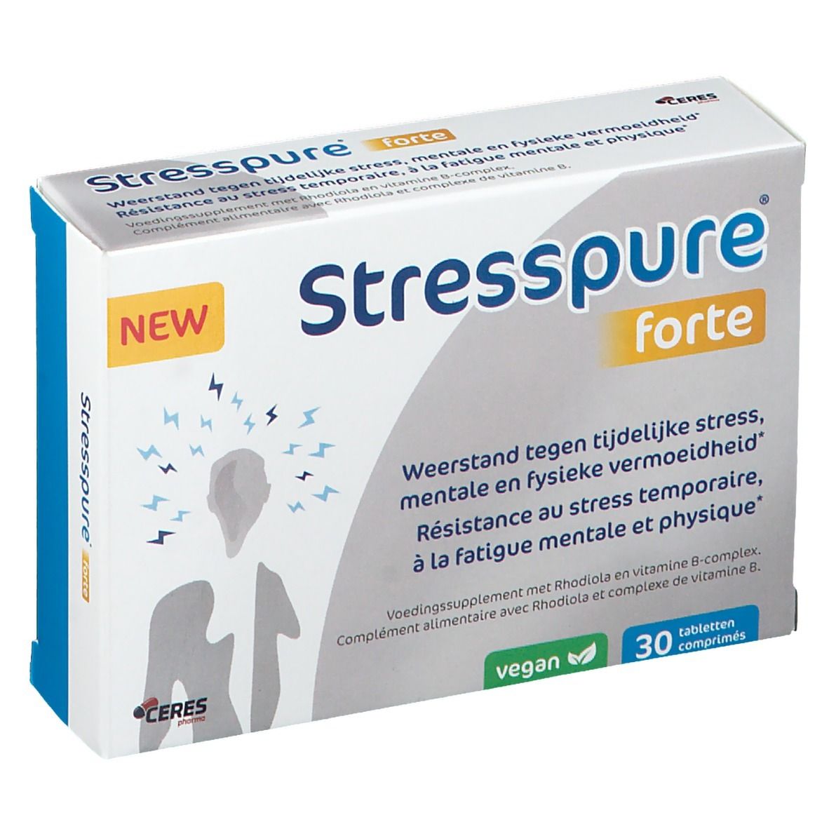 Boîte de StressPure forte. Inscription : "StressPure forte". Contient 30 comprimés. Label vegan.