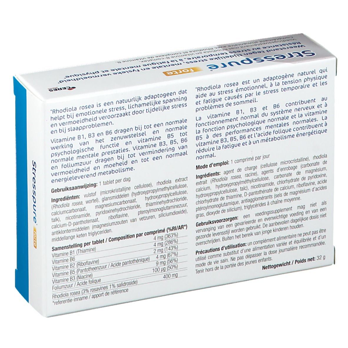 Dos de la boîte StressPure forte. Contient des informations sur les ingrédients et l'utilisation. Texte multilingue.