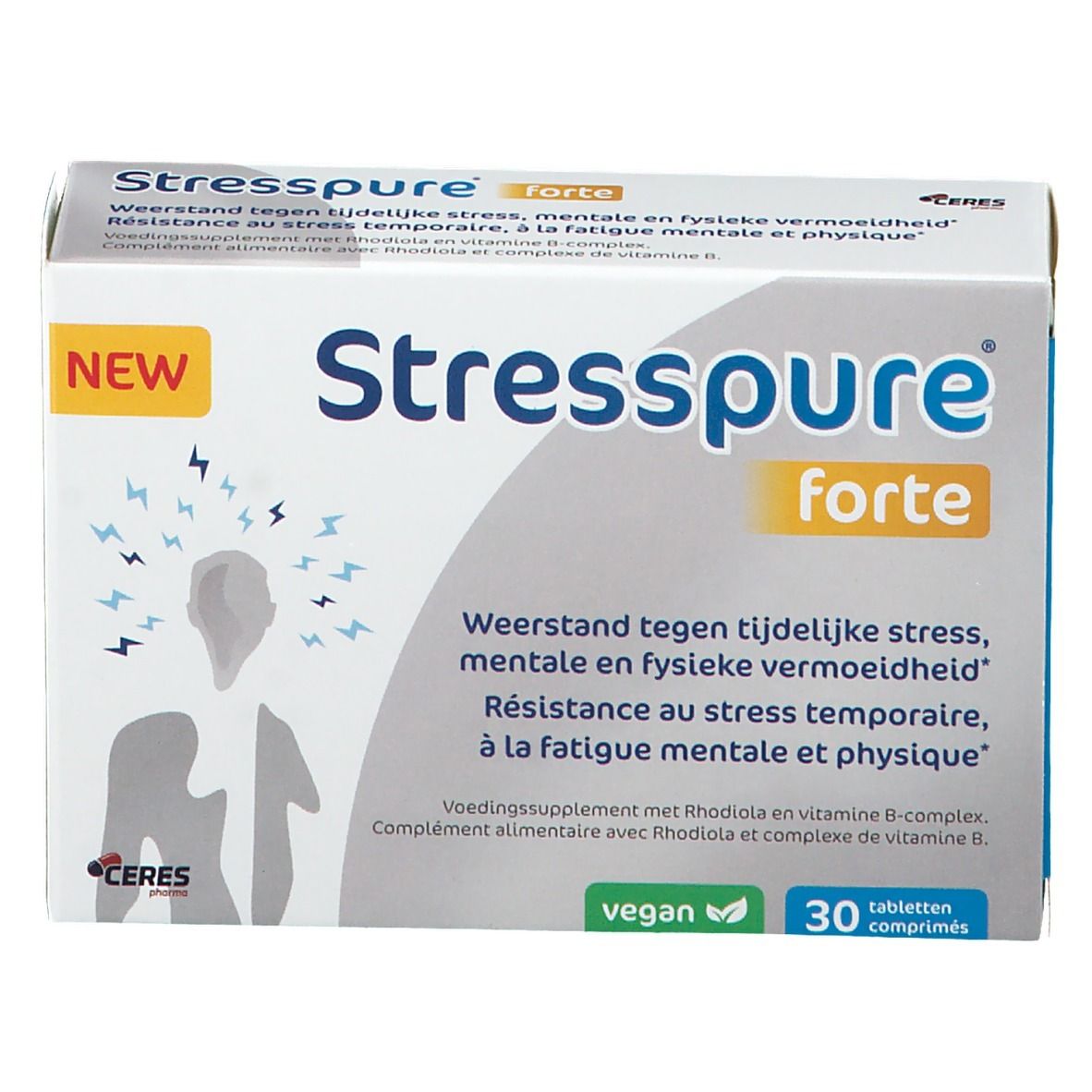 Boîte StressPure forte. Inscription : "StressPure forte". Contient 30 comprimés. Label vegan.