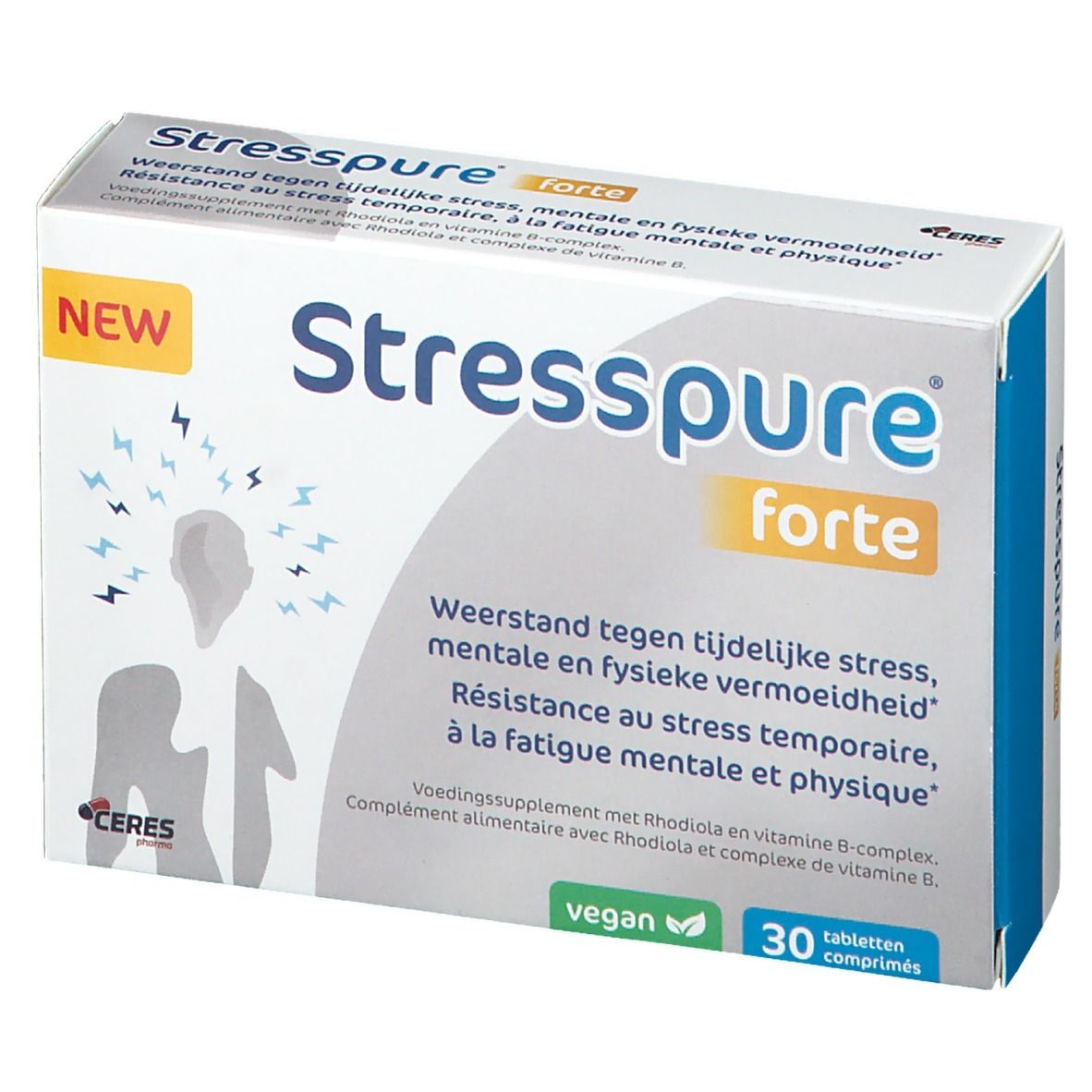 Boîte StressPure forte. Inscription : "StressPure forte". Contient 30 comprimés. Label vegan.