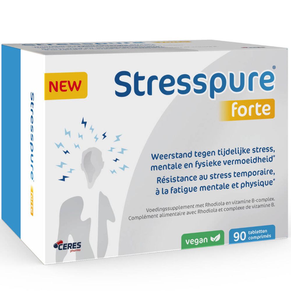 Doos "Stresspure forte". Opschrift "NEW". Bevat 90 tabletten. Vegan-keurmerk.