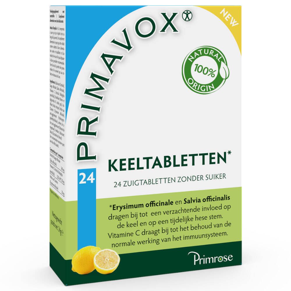 Verpakking PRIMAVOX® keeltabletten, 24 zuigtabletten. Zonder suiker. Bevat Erysimum officinale, Salvia officinalis, vitamine C. Met citroen.