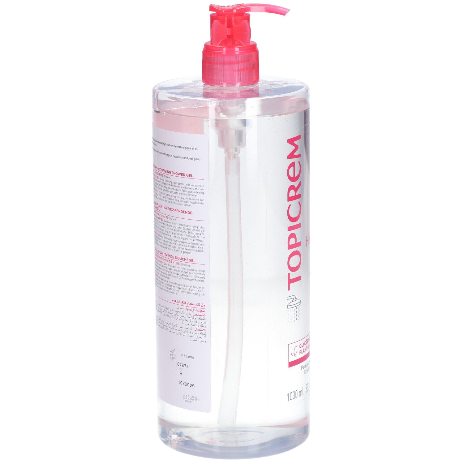 Transparente Flasche TOPICREM Duschgel mit rosa Etikett und Dosierpumpe. Rückseite mit Text. 1000 ml.