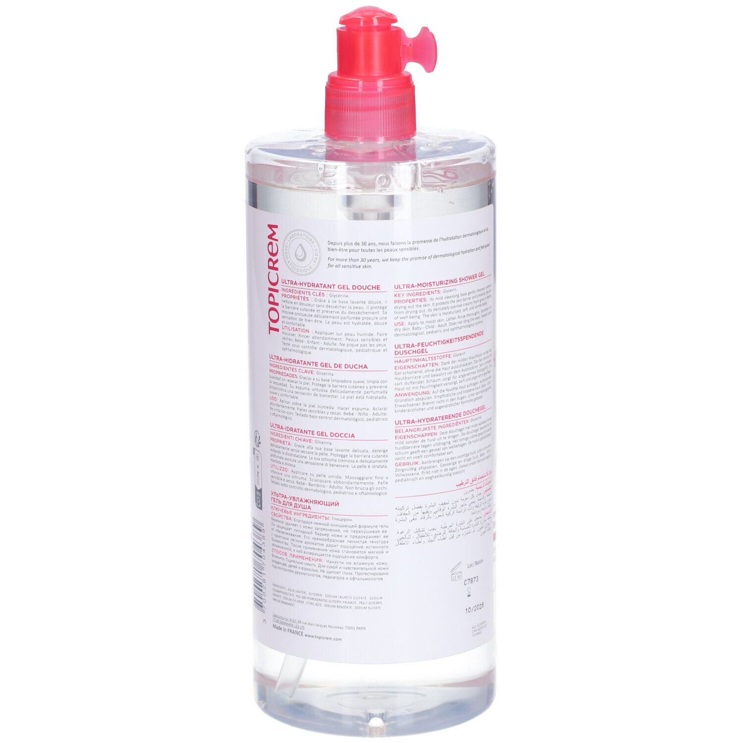 Rückansicht der transparenten Flasche TOPICREM Duschgel mit rosa Etikett und Dosierpumpe. Text auf dem Etikett.