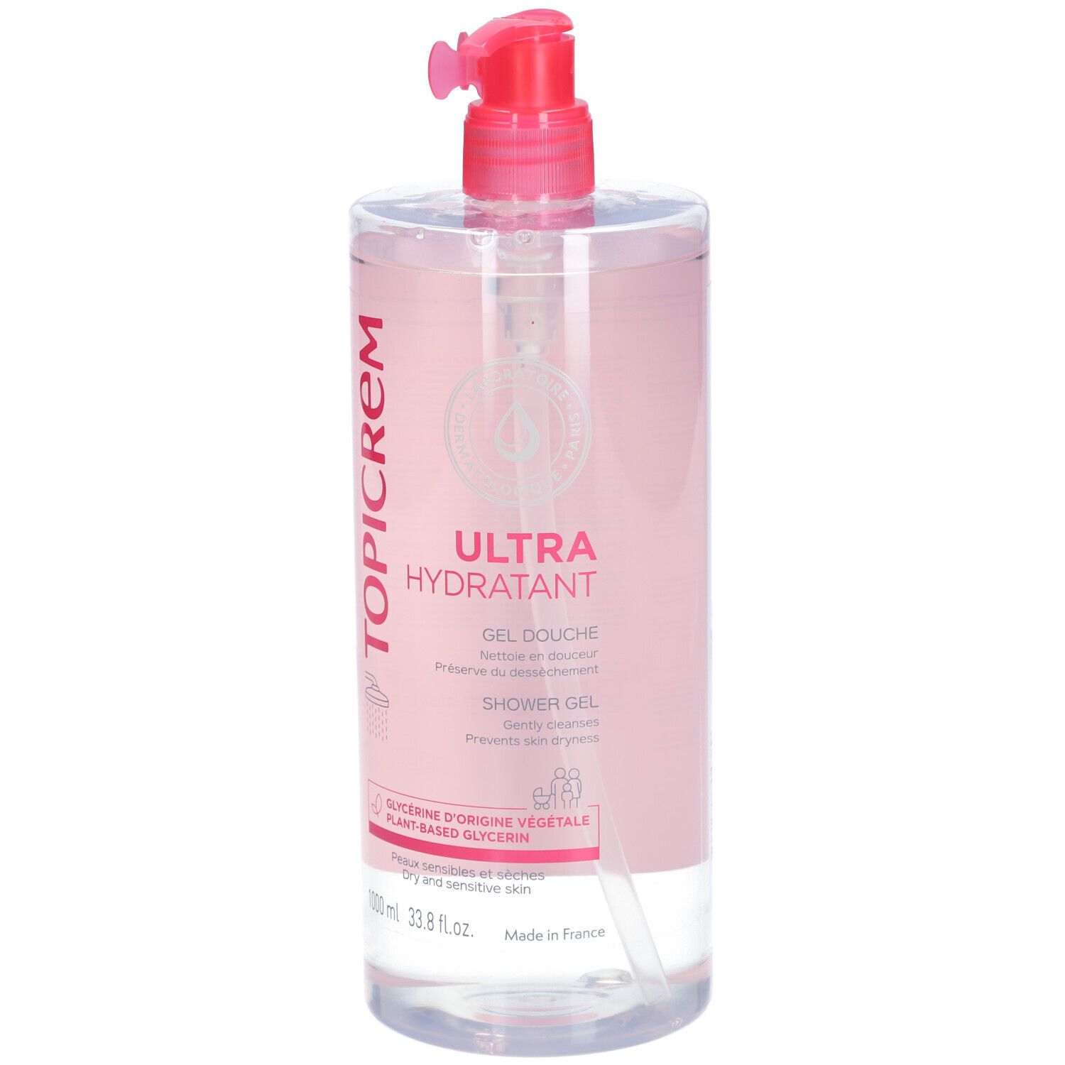 TOPICREM Duschgel, transparente Flasche mit rosa Etikett und Dosierpumpe. Aufschrift: ULTRA HYDRATANT, 1000 ml.