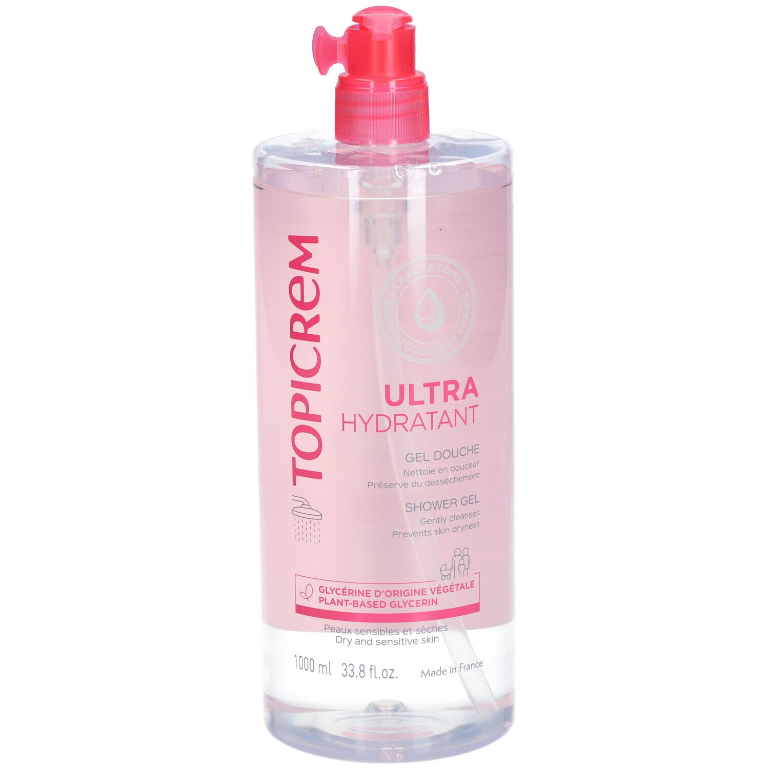 TOPICREM Duschgel, transparente Flasche mit rosa Etikett und Dosierpumpe. Aufschrift: ULTRA HYDRATANT, 1000 ml.