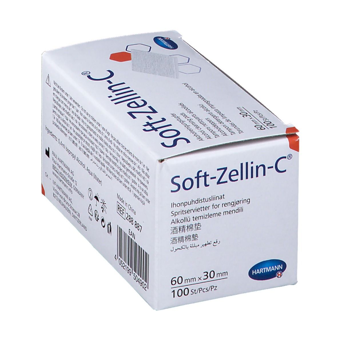 Soft-Zellin-C® verpakking met 100 reinigingsdoekjes. Afmeting 60 x 30 mm. Merk HARTMANN.