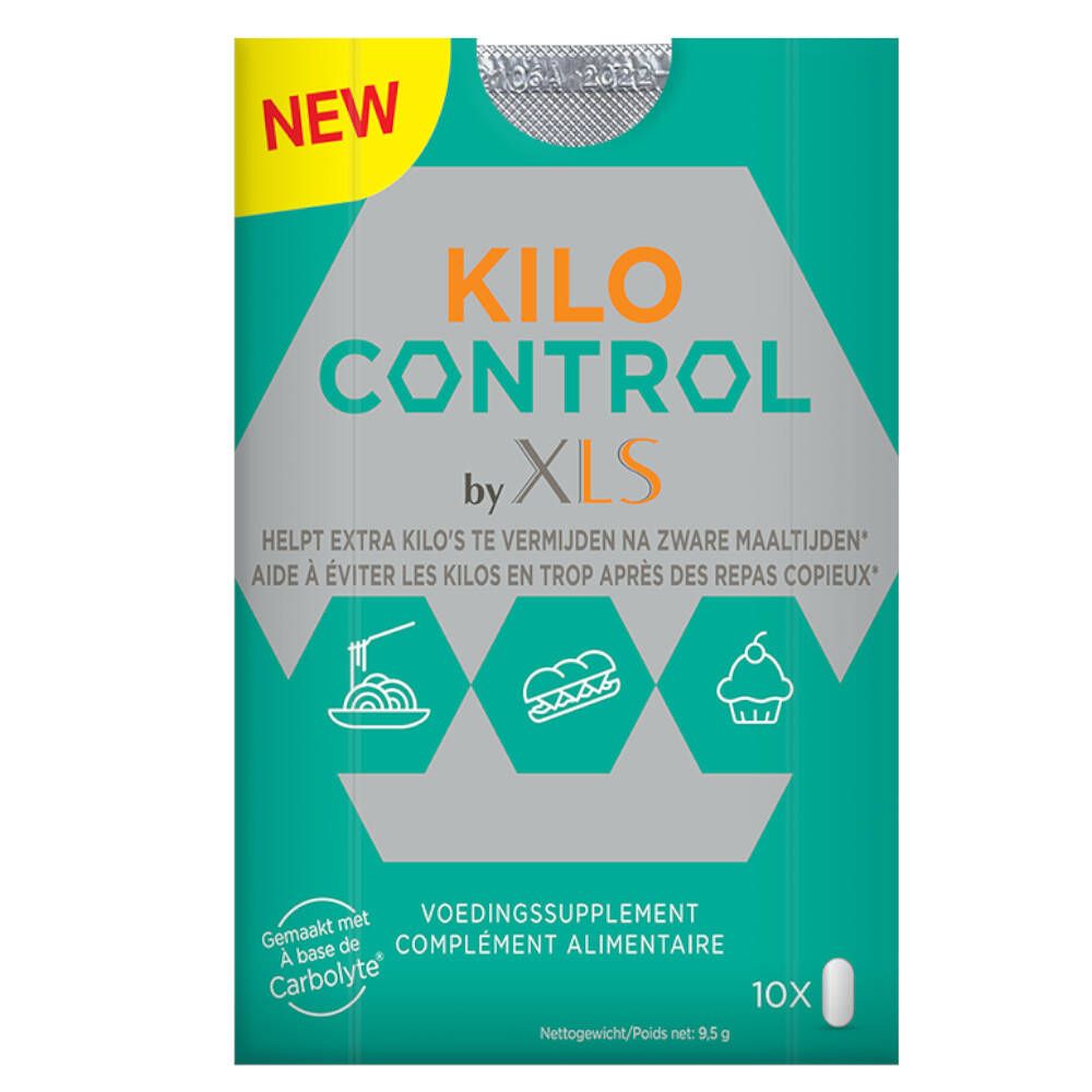 Emballage KILO CONTROL by XLS. Design vert et blanc avec nom et logos du produit. Contient des comprimés.