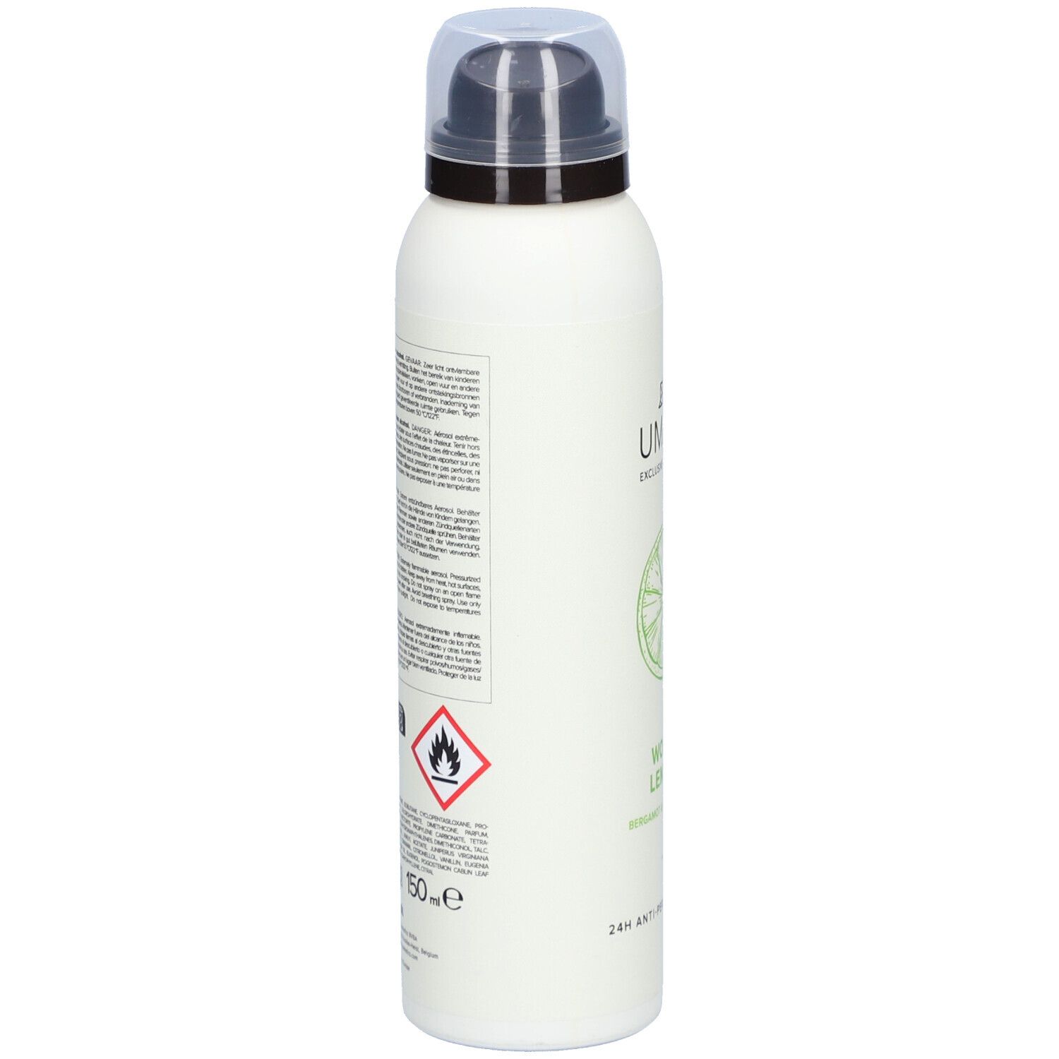 Weißes Spray, Seite mit Text und Symbolen. Gefahrensymbol: Flamme. Volumen: 150 ml. Herstellerinformationen.