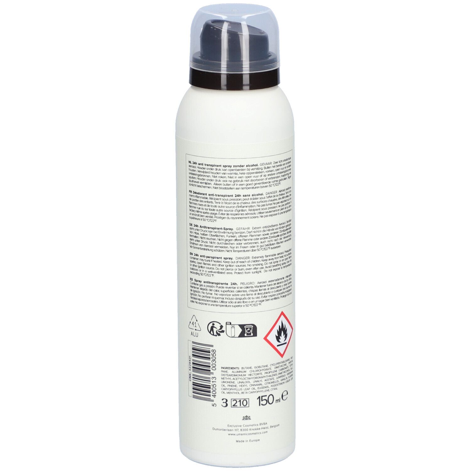 Weißes Spray, Seite mit Text und Symbolen. Gefahrensymbol: Flamme. Volumen: 150 ml. Barcode.