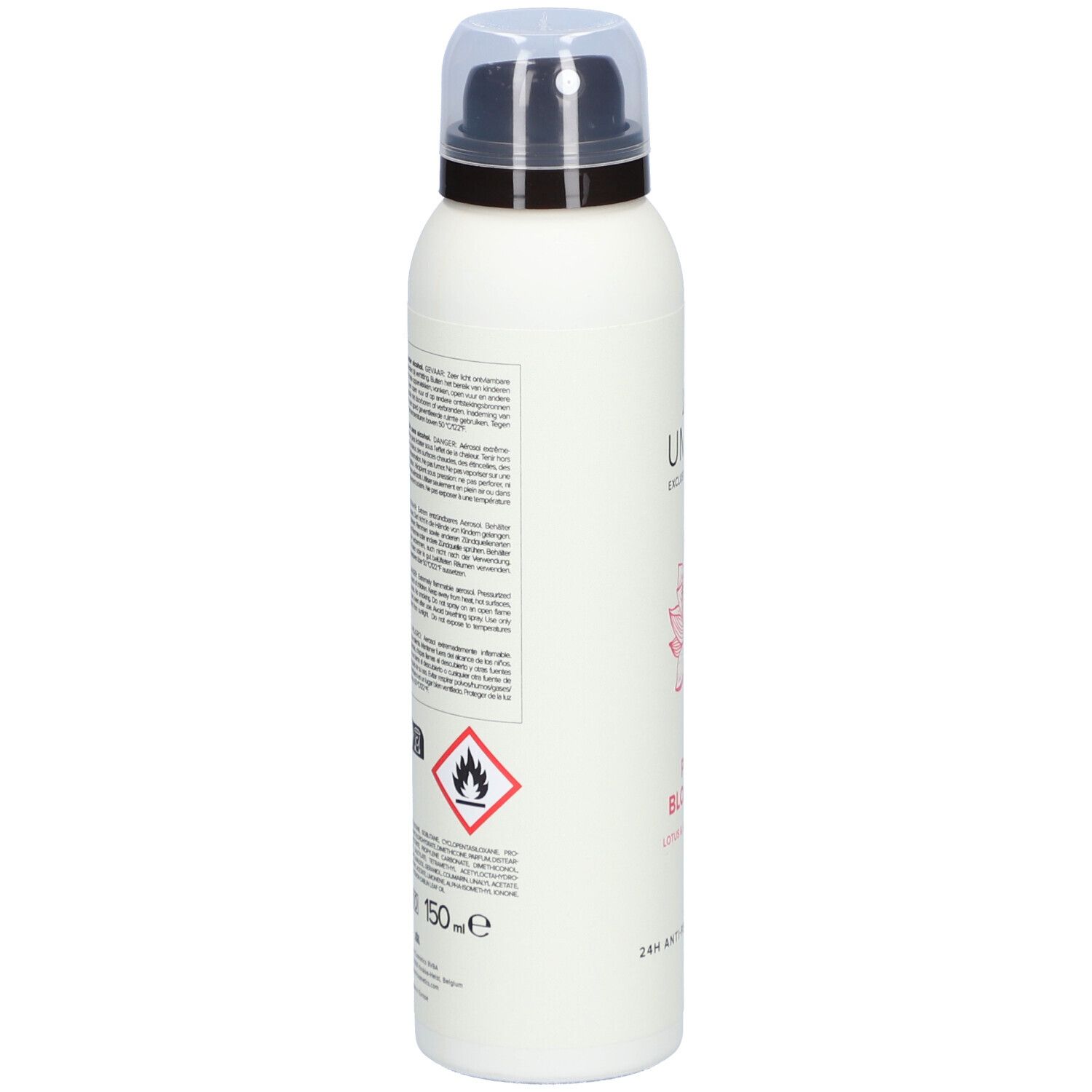 Weißes Spray mit schwarzem Sprühkopf. Text und Piktogramme auf der Rückseite. Gefahrensymbol: Flamme.