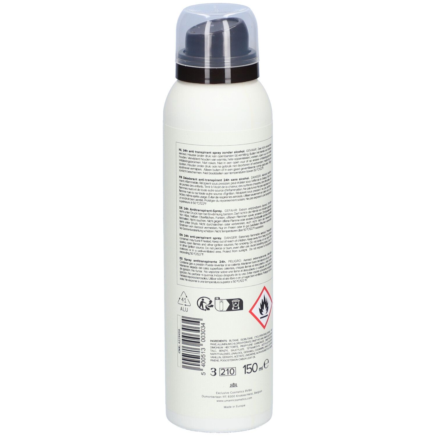 Weißes Spray mit schwarzem Sprühkopf. Text und Piktogramme auf der Rückseite. Gefahrensymbol: Flamme.