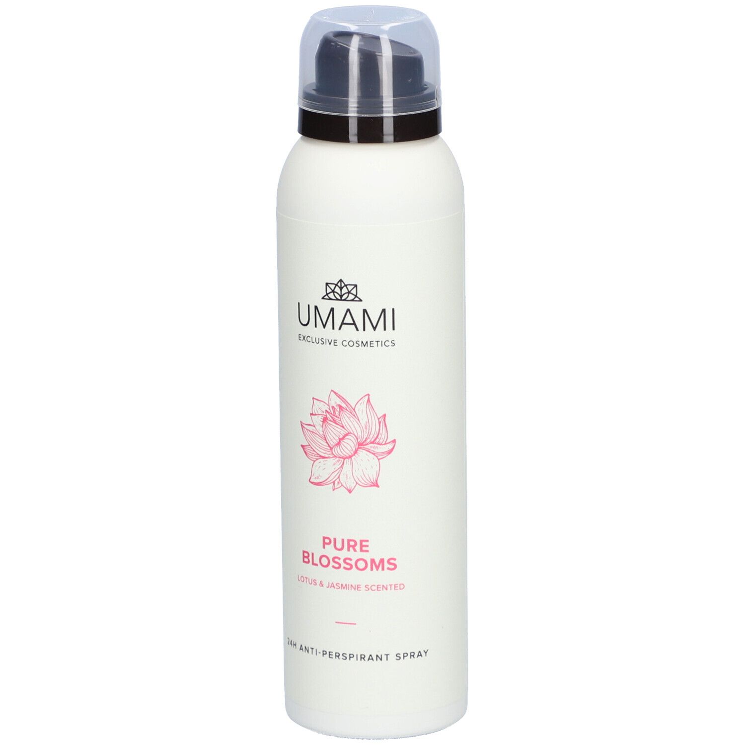 Weißes Spray mit schwarzem Sprühkopf. Logo und Schriftzug "UMAMI". Rosa Blütenabbildung. Text: "Pure Blossoms".