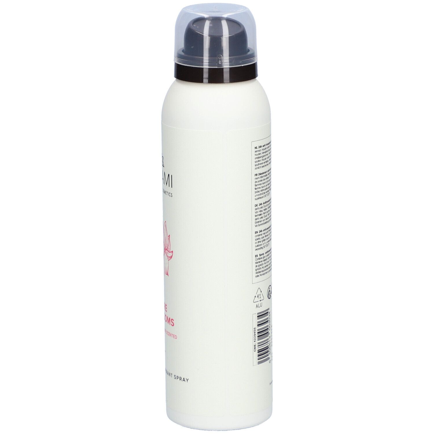 Weißes Spray mit schwarzem Sprühkopf. Logo und Schriftzug "UMAMI". Rosa Blütenabbildung. Text: "Pure Blossoms".