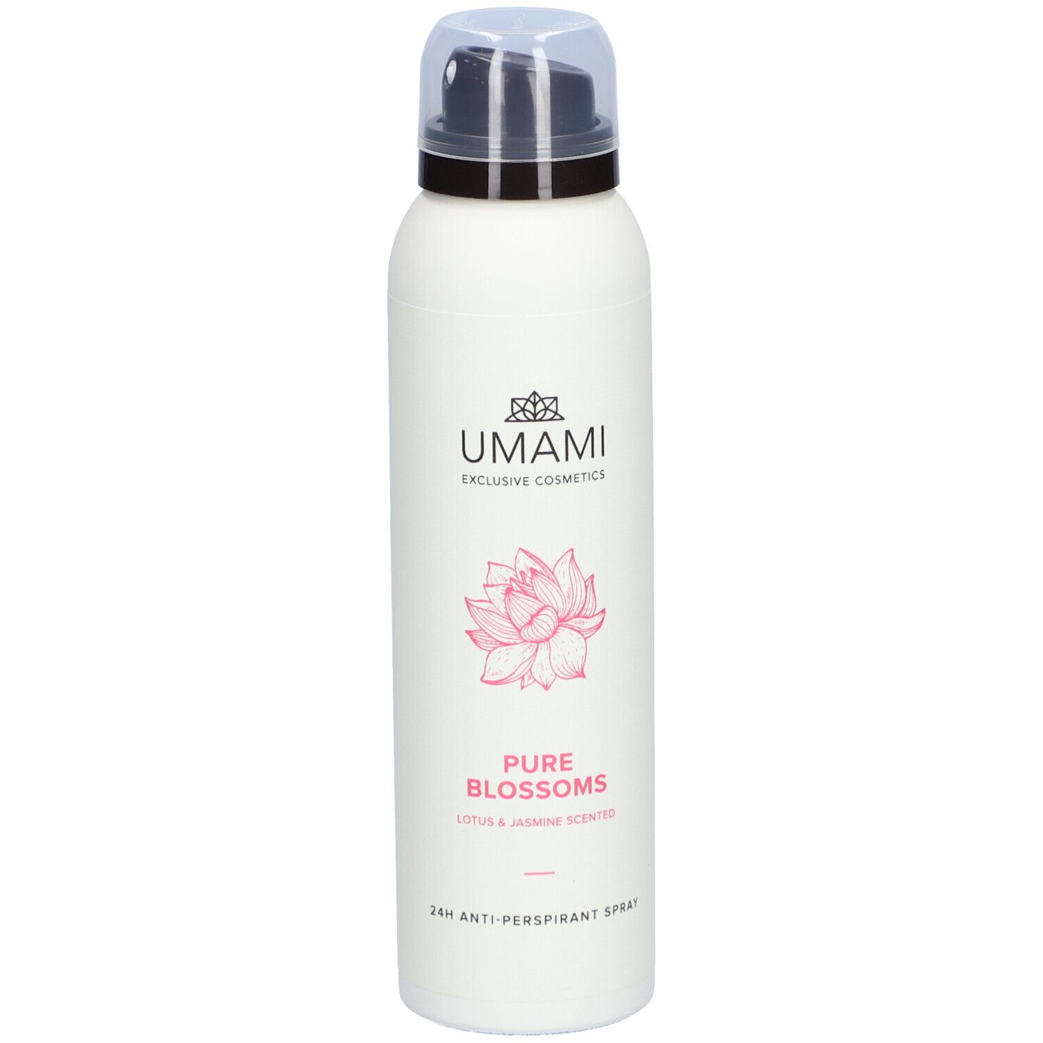 Weißes Spray mit schwarzem Sprühkopf. Logo und Schriftzug "UMAMI". Rosa Blütenabbildung. Text: "Pure Blossoms".