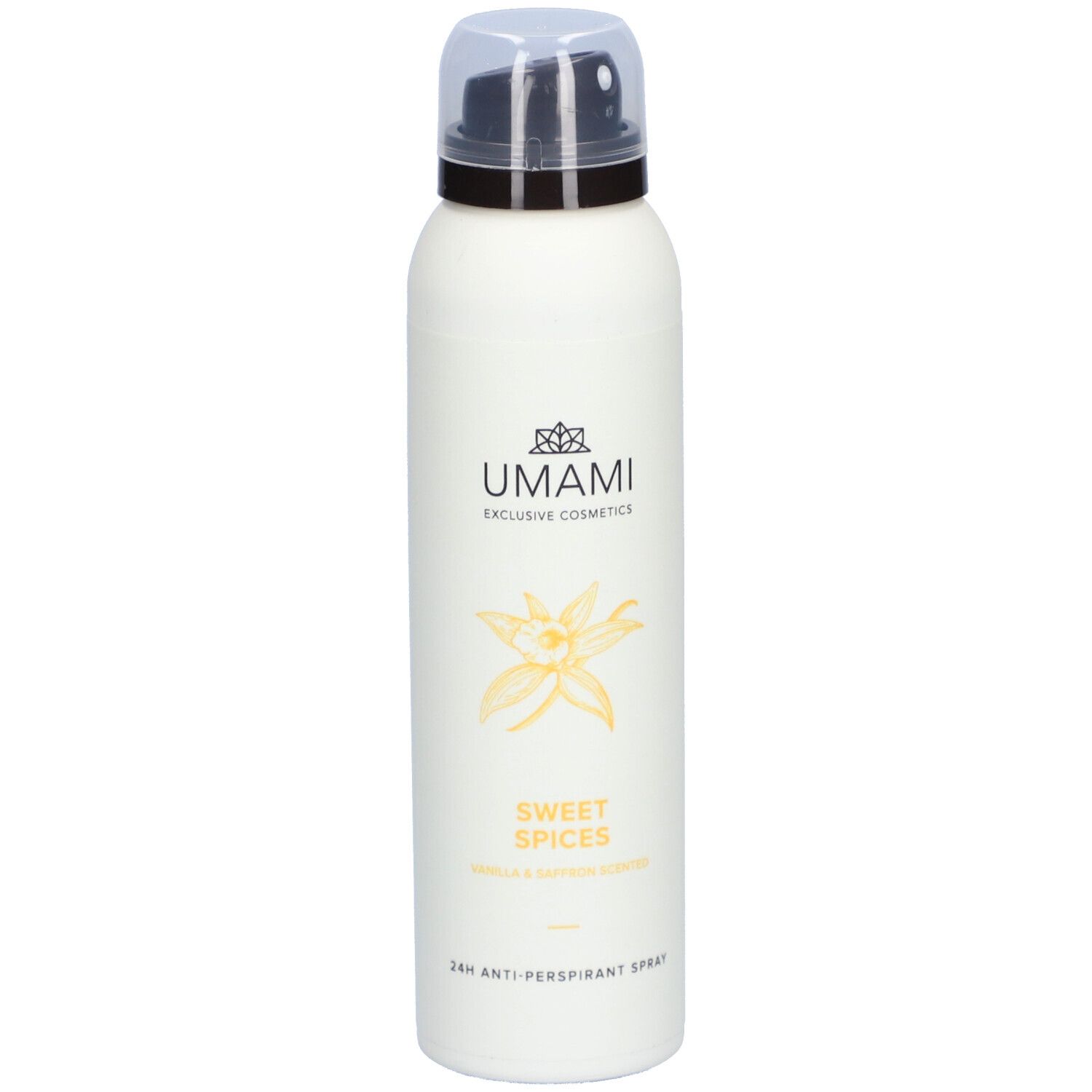 Weißes Spray mit schwarzem Sprühkopf. Aufschrift: UMAMI, SWEET SPICES, Vanille & Safran. 24h Anti-Perspirant Spray.