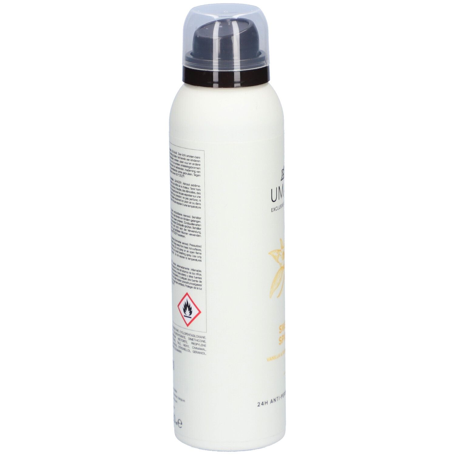 Weißes Spray mit schwarzem Sprühkopf. Auf der Seite Text und ein Gefahrensymbol. Produkt: 24h Anti-Perspirant Spray.