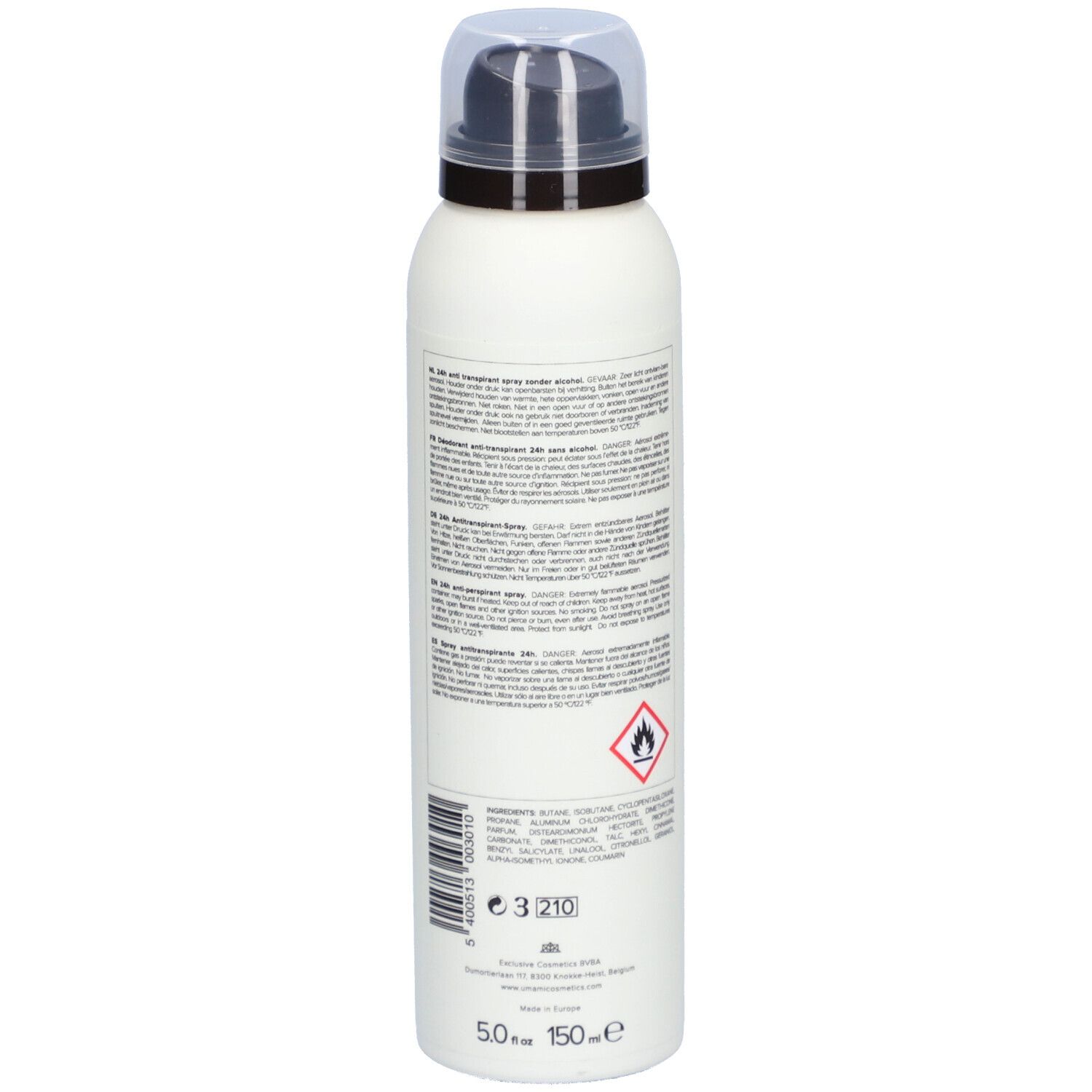 Weißes Spray mit schwarzem Sprühkopf. Auf der Seite Text, Barcode und Gefahrensymbol. Produkt: 24h Anti-Perspirant Spray.