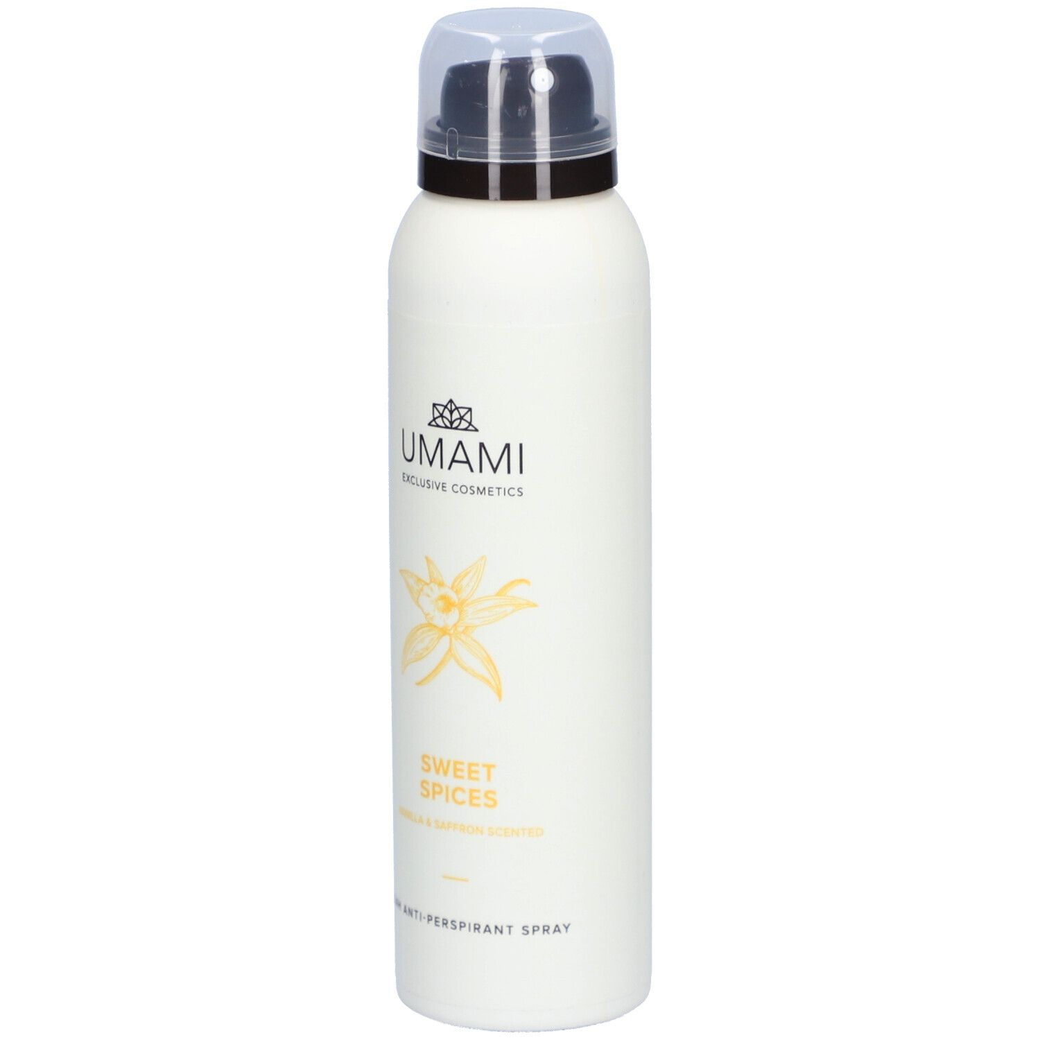 Weißes Spray mit schwarzem Sprühkopf. Aufschrift: UMAMI, SWEET SPICES, Vanille & Safran. 24h Anti-Perspirant Spray.