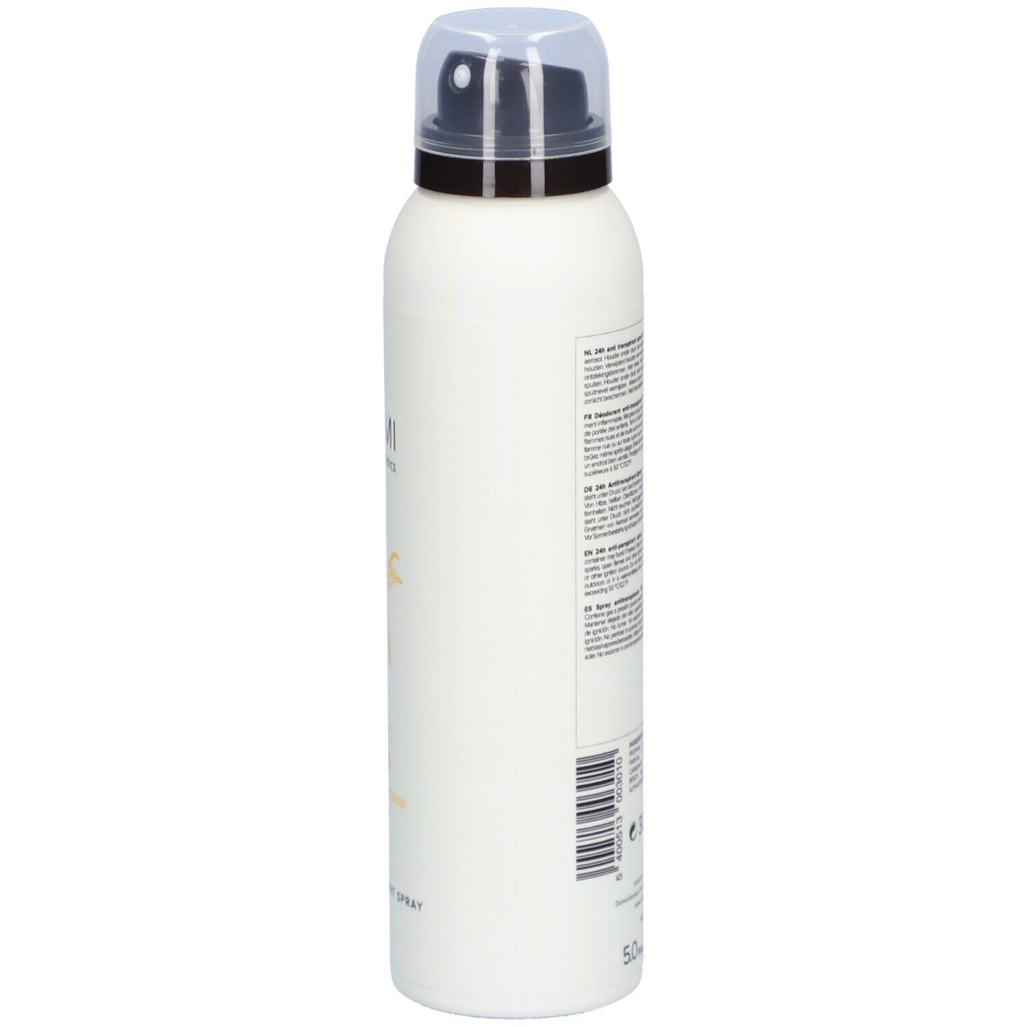 Weißes Spray mit schwarzem Sprühkopf. Auf der Seite Text. Produkt: 24h Anti-Perspirant Spray.