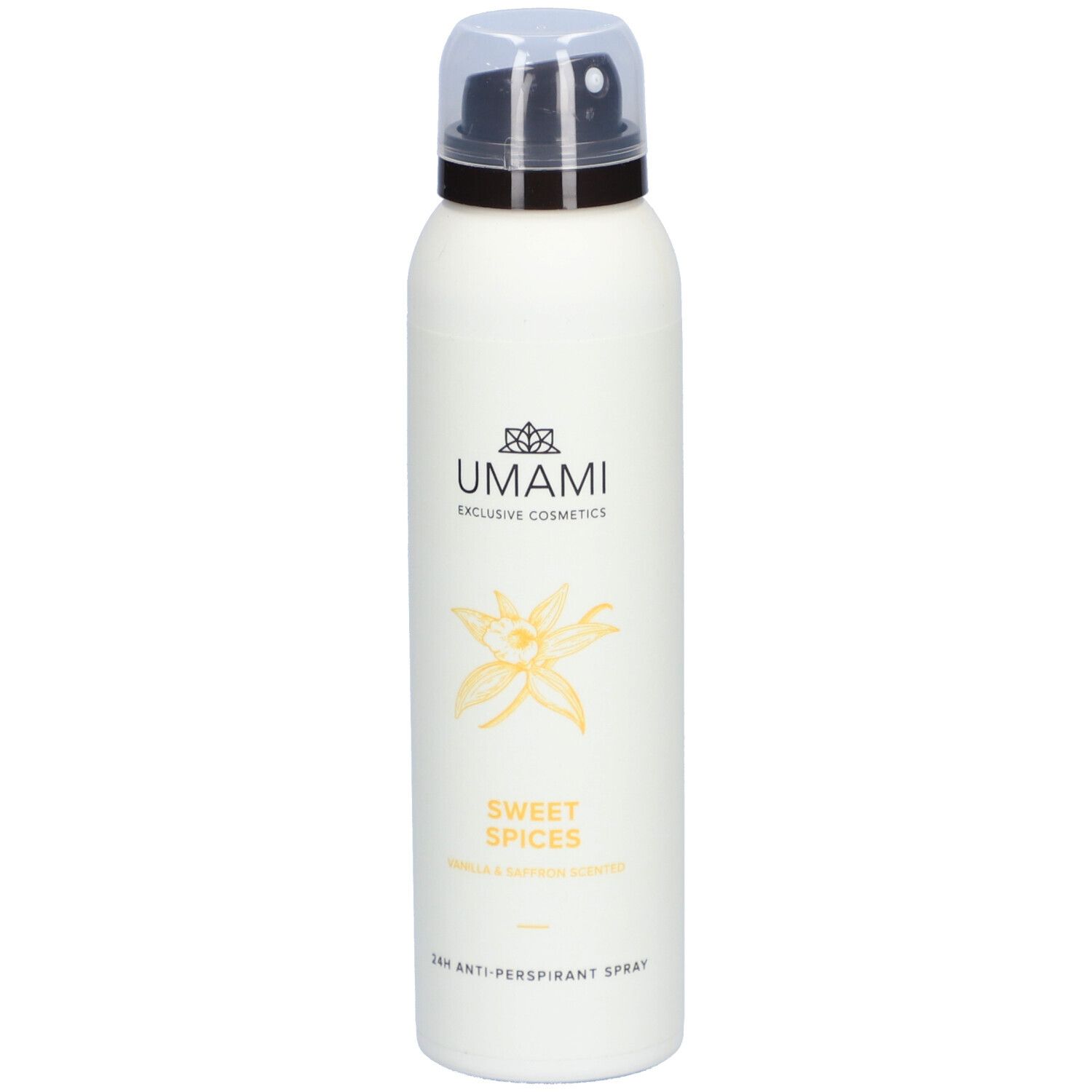 Weißes Spray mit schwarzem Sprühkopf. Aufschrift: UMAMI, SWEET SPICES, Vanille & Safran. 24h Anti-Perspirant Spray.