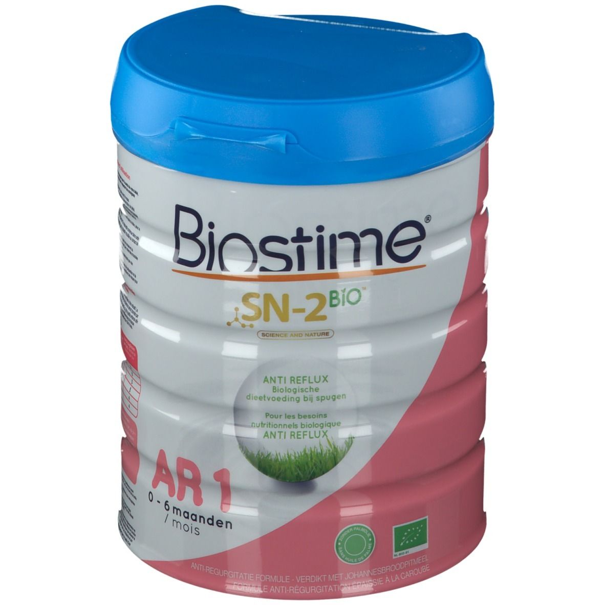 Blik Biostime AR 1 SN-2 Bio, blauwe deksel, roze en wit etiket. Opschrift: Anti-Reflux, 0-6 maanden.
