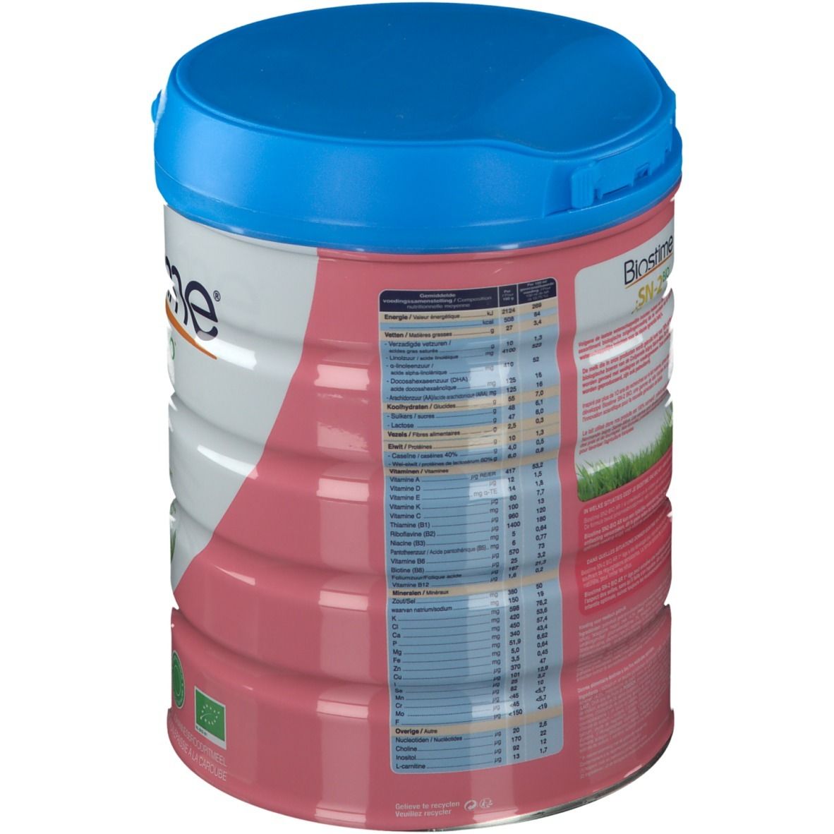 Blik Biostime AR 1 SN-2 Bio, achterkant met voedingswaarde. Roze en wit etiket, blauwe deksel.