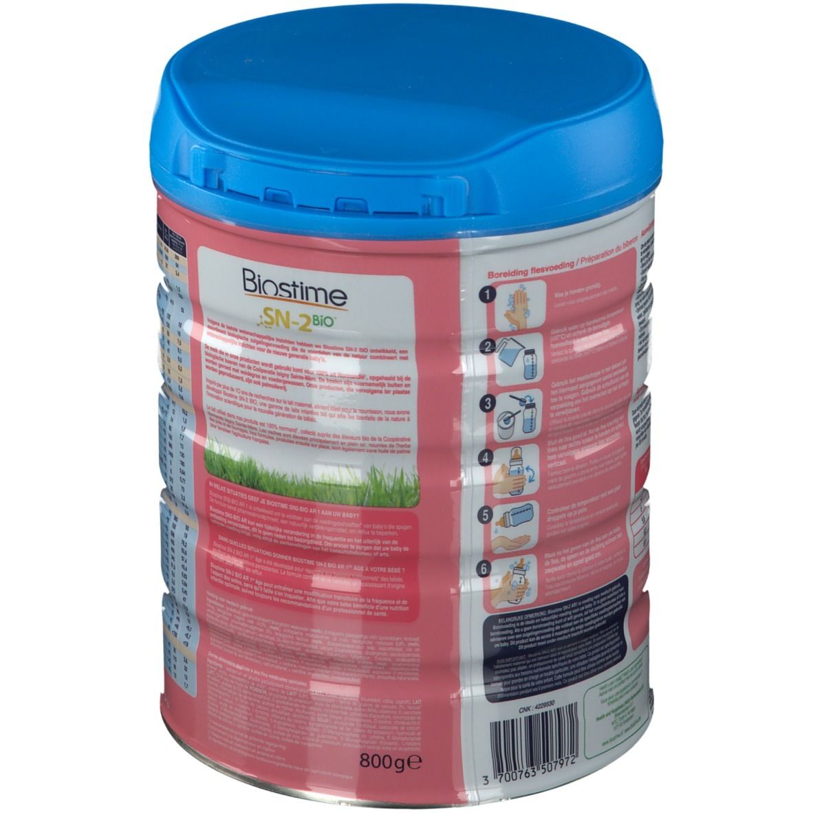 Blik Biostime AR 1 SN-2 Bio, blauwe deksel. Opschrift: 800g, instructies en productinformatie.