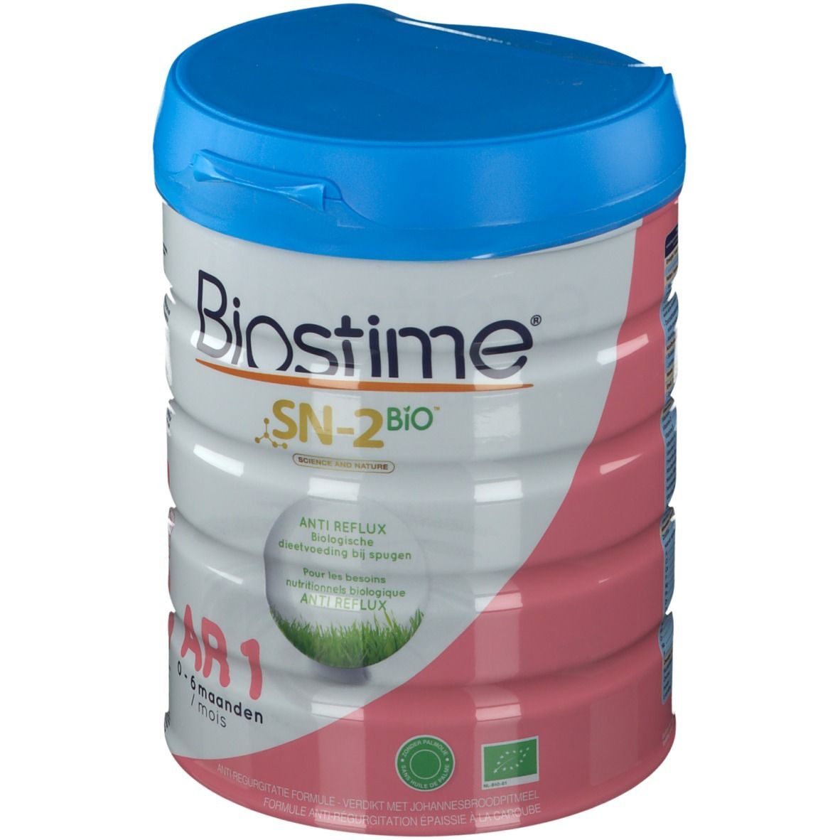 Blik Biostime AR 1 SN-2 Bio, blauwe deksel, roze en wit etiket. Opschrift: Anti-Reflux, 0-6 maanden.