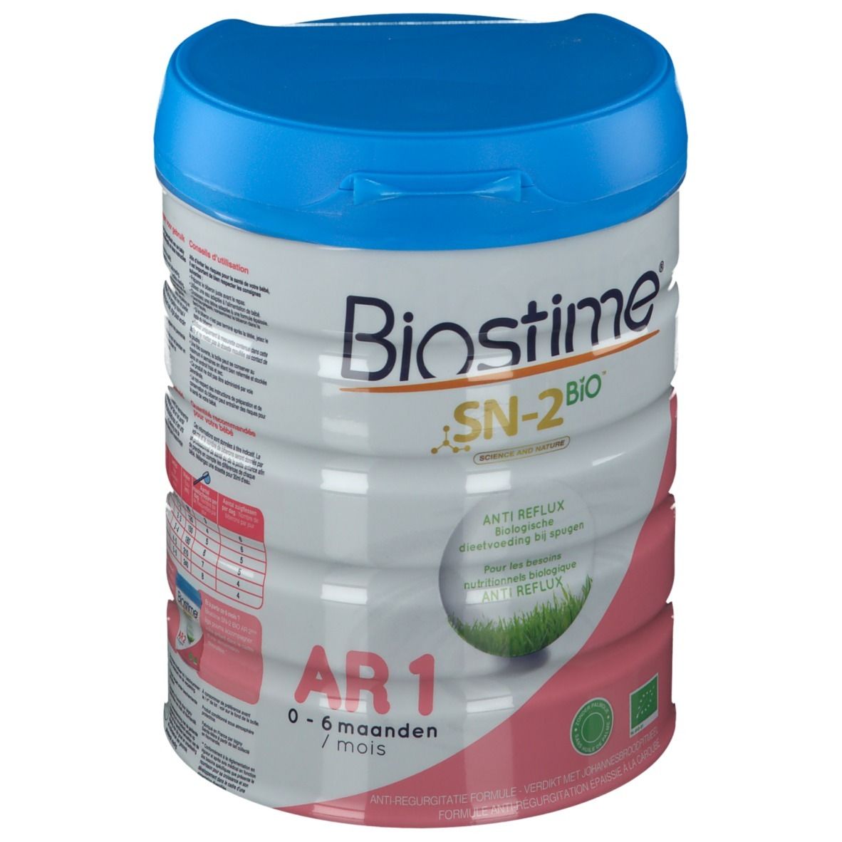 Blik Biostime AR 1 SN-2 Bio, blauwe deksel, roze en wit etiket. Opschrift: Anti-Reflux, 0-6 maanden.