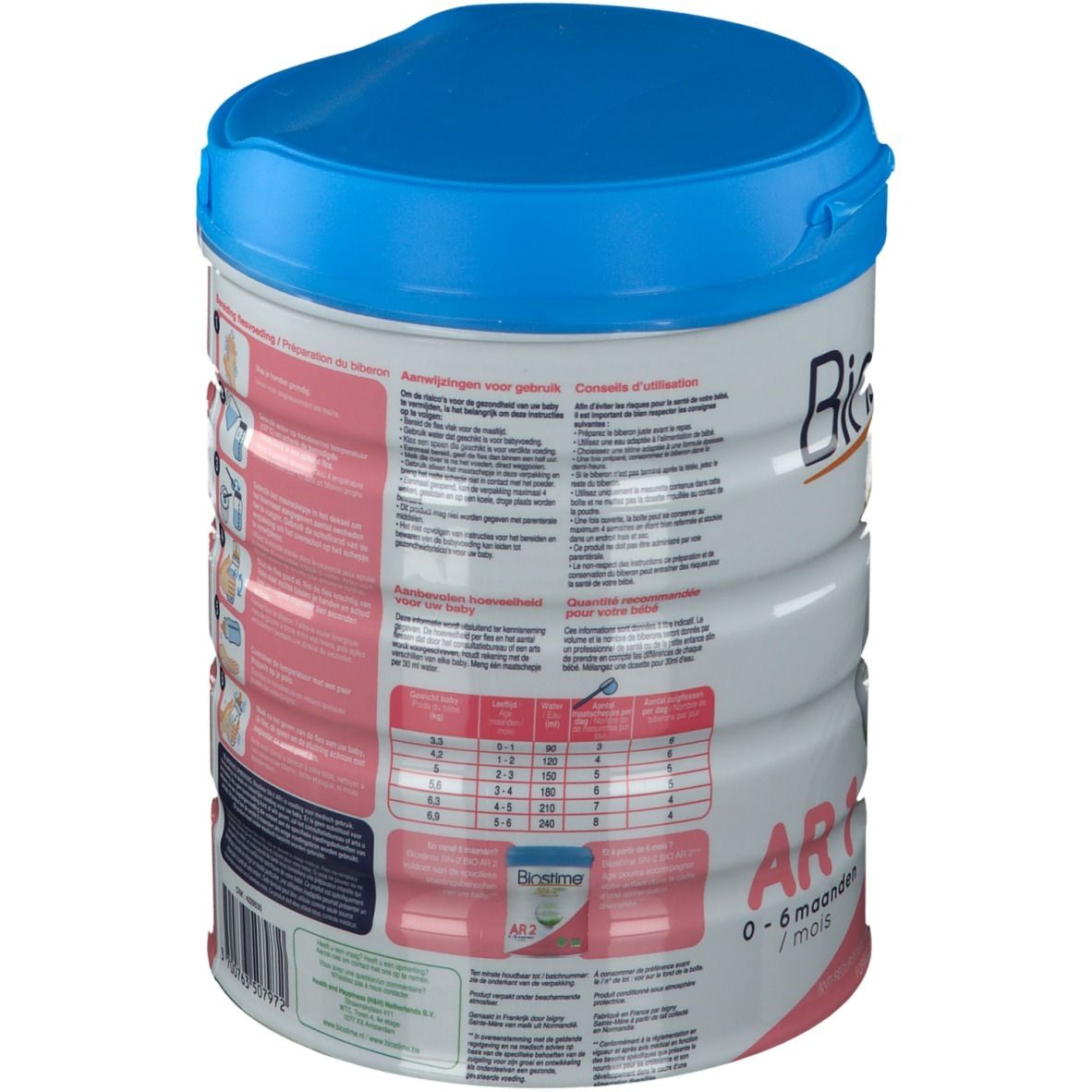 Blik Biostime AR 1 SN-2 Bio, achterkant met informatie. Roze en wit etiket, blauwe deksel.