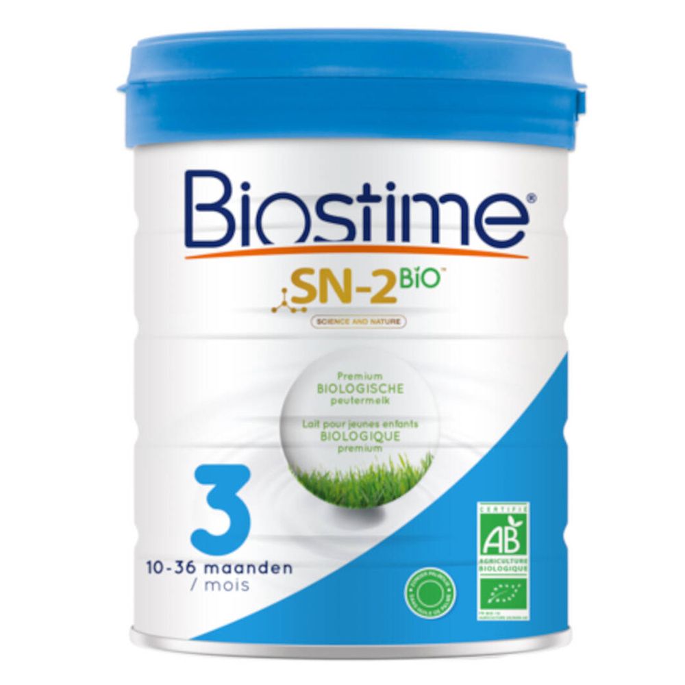 Blik Biostime SN-2 Bio, blauwe deksel, witte blik. Opschrift: 3, 10-36 maanden. Bio-label.