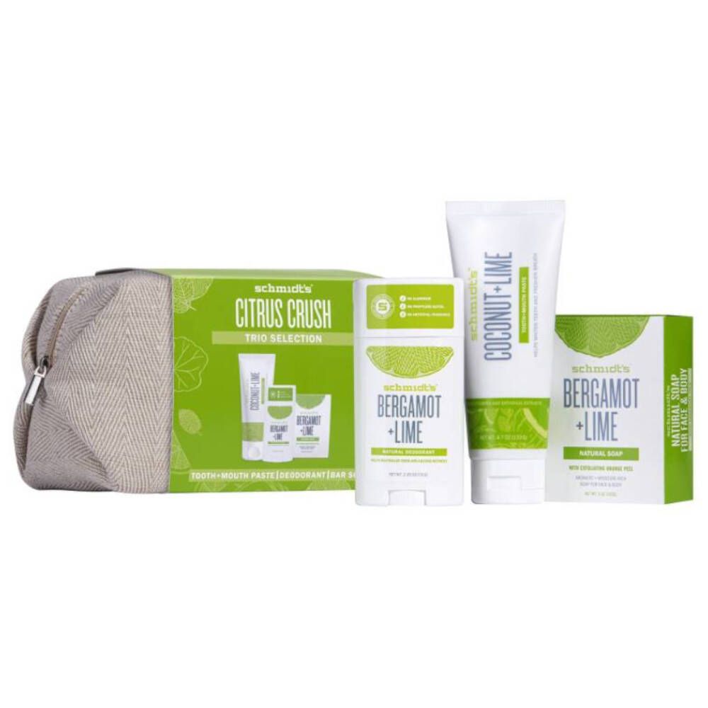 Coffret cadeau avec dentifrice, déodorant et savon. Produits : déodorant 'Bergamot + Lime', dentifrice 'Coconut + Lime'.
