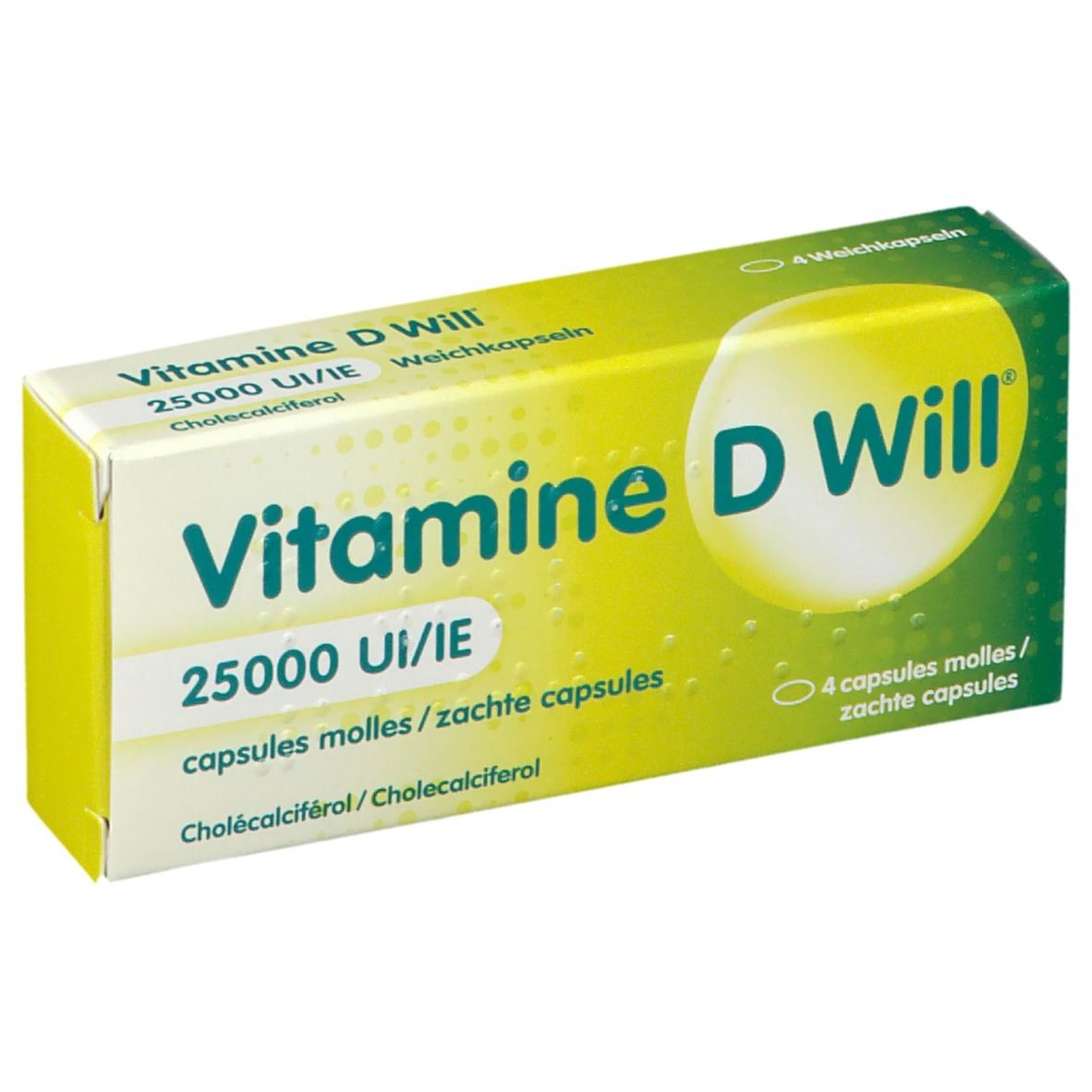Doosje Vitamine D Will, 25000 UI/IE. Bevat 4 zachte capsules. Groen-geel ontwerp met productnaam en details.