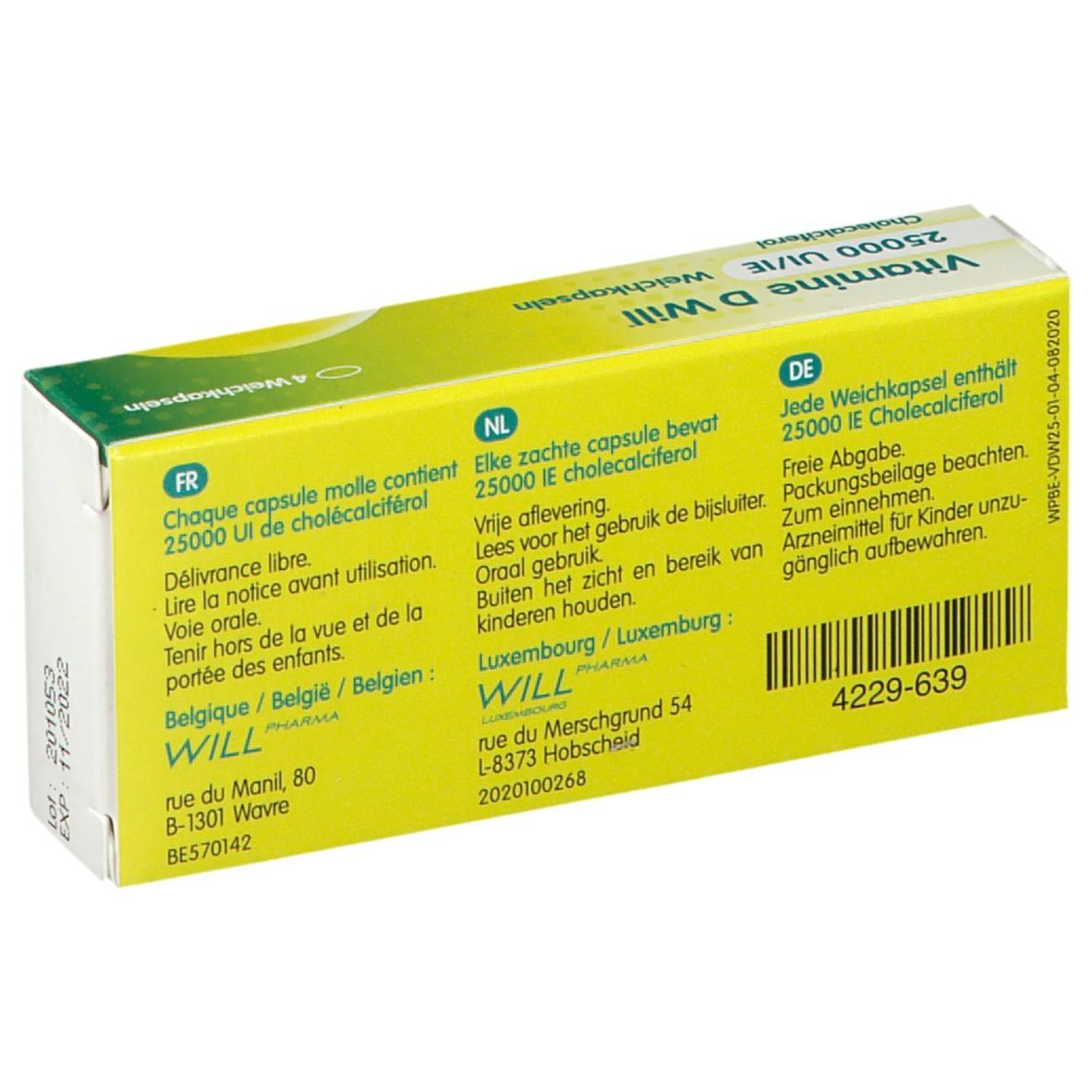 Achterkant van de Vitamine D Will doos. Tekst in het Duits, Frans en Nederlands. Informatie over ingrediënten en gebruik.