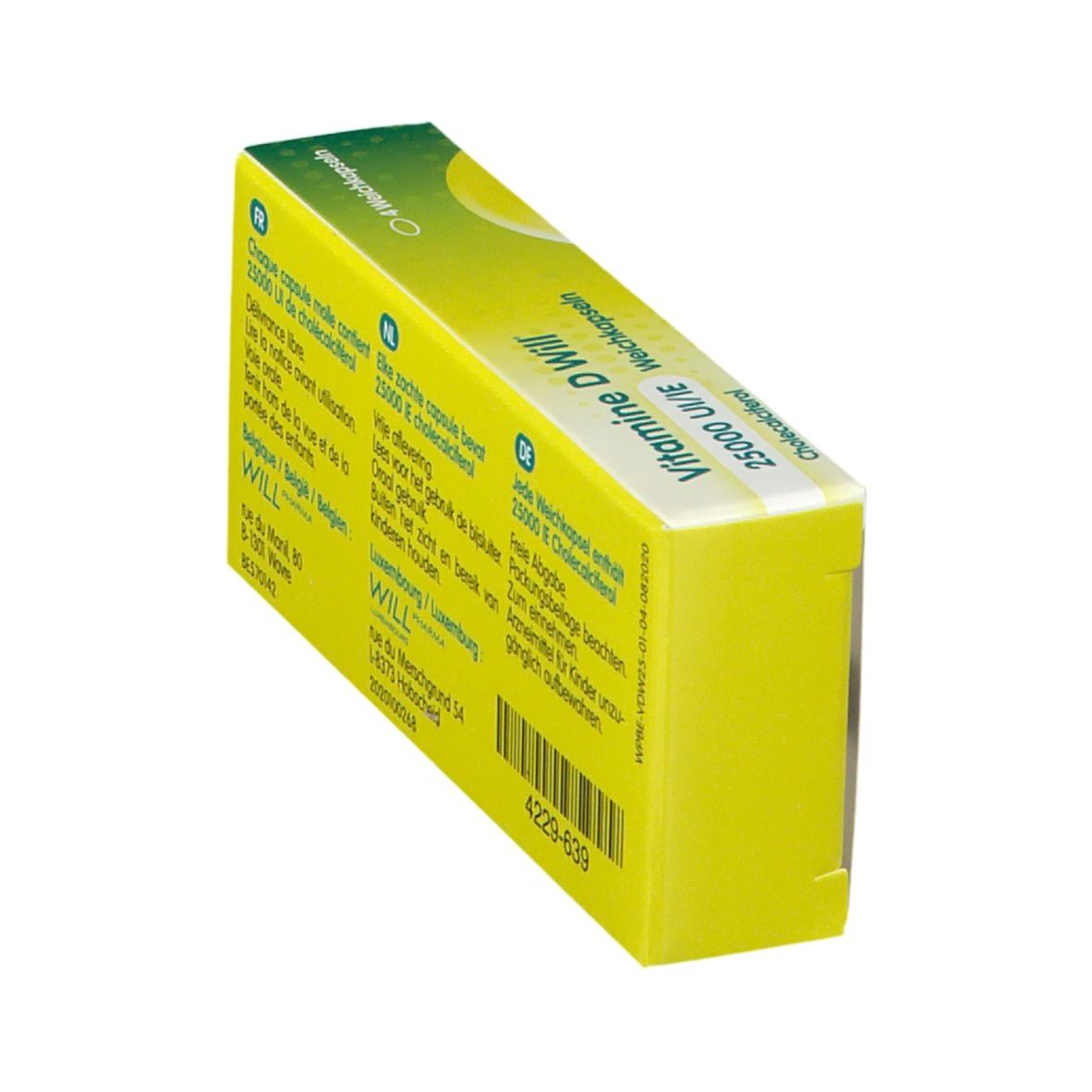 Zijkant van doosje Vitamine D Will, 25000 UI/IE met tekst. Bevat 4 zachte capsules. Geel-groen ontwerp.