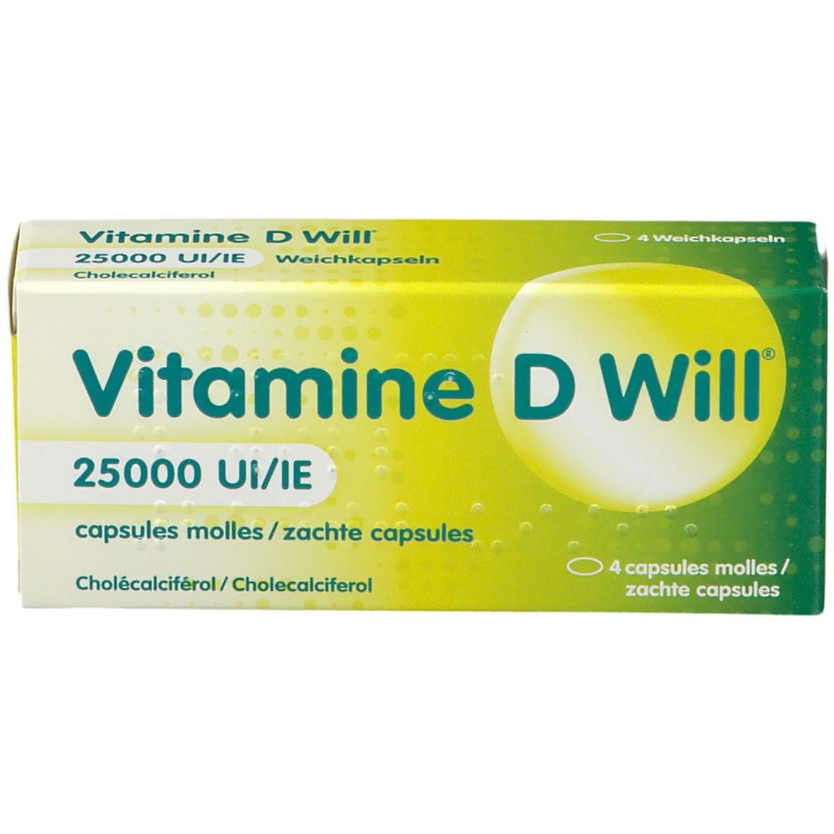 Doosje Vitamine D Will, 25000 UI/IE. Bevat 4 zachte capsules. Groen-geel ontwerp met productnaam en details.