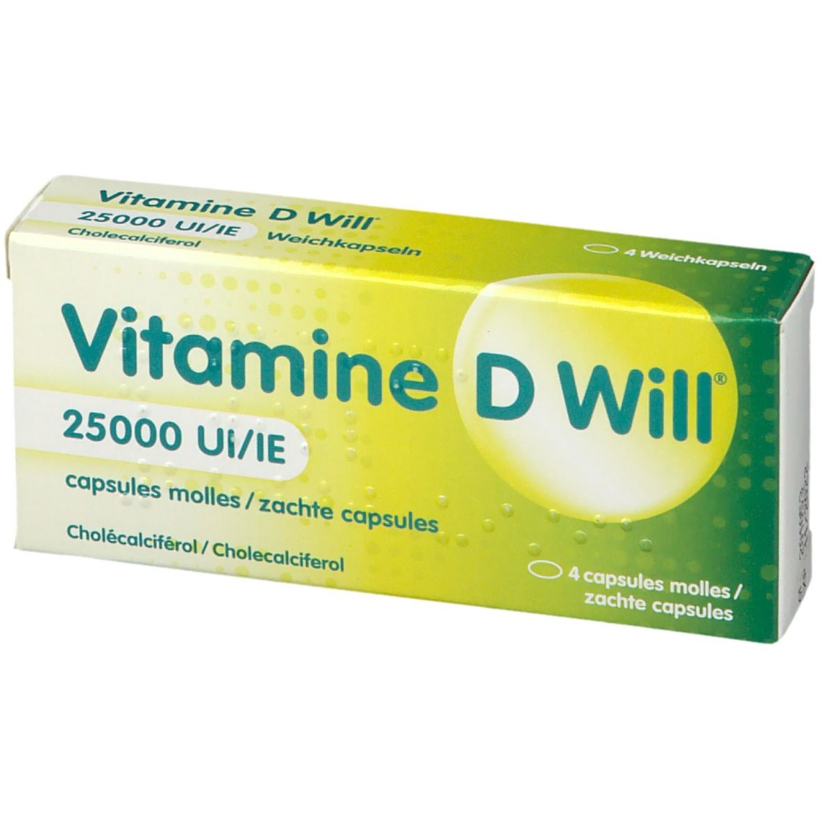 Doosje Vitamine D Will, 25000 UI/IE. Bevat 4 zachte capsules. Groen-geel ontwerp met productnaam en details.