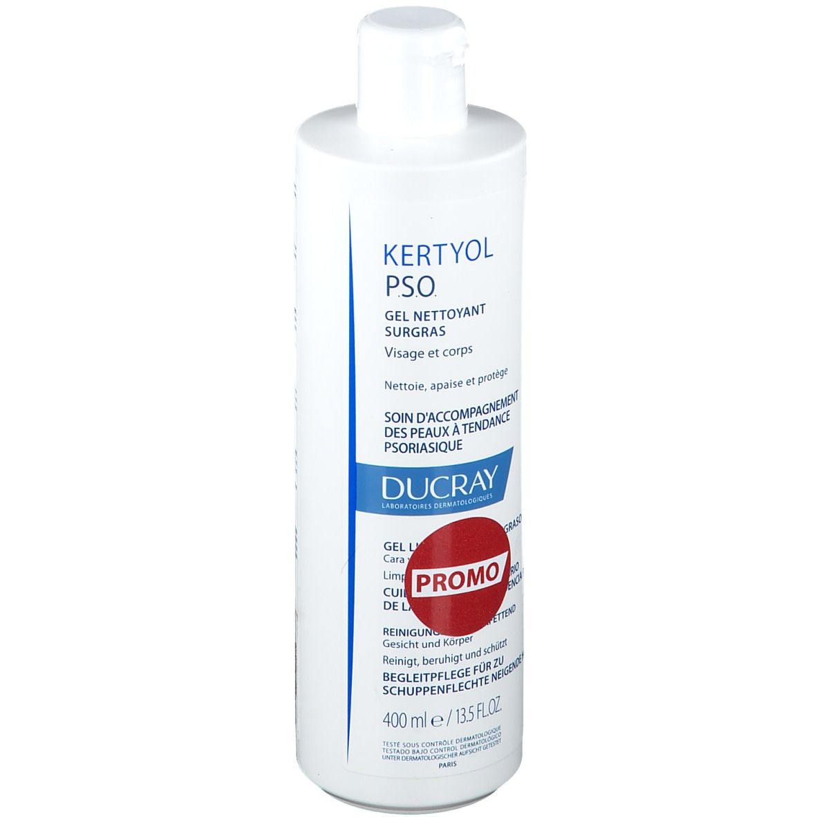 Witte fles Kertyol PSO Reinigingsgel. Opschrift: Gel Nettoyant Surgras. Promo-etiket. 400 ml.