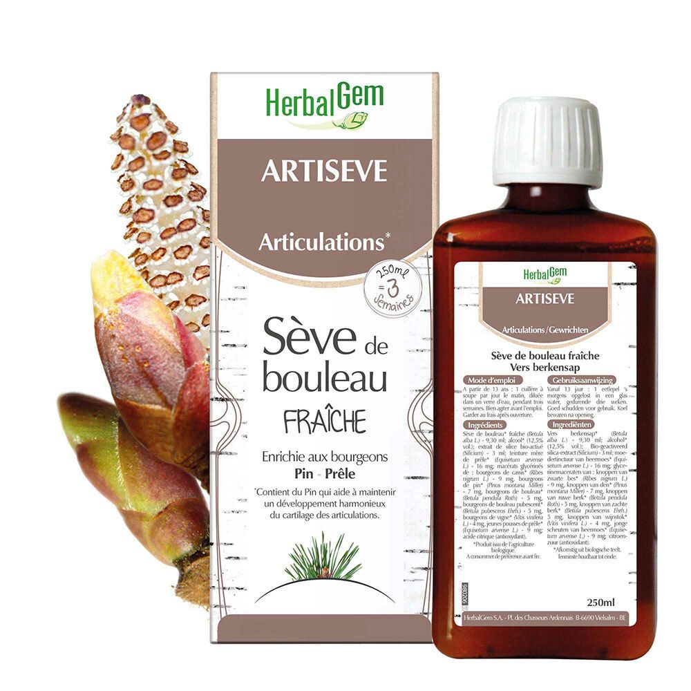 Bruine fles en verpakking met productnaam en ingrediënten. Verse berken sap. 250ml.