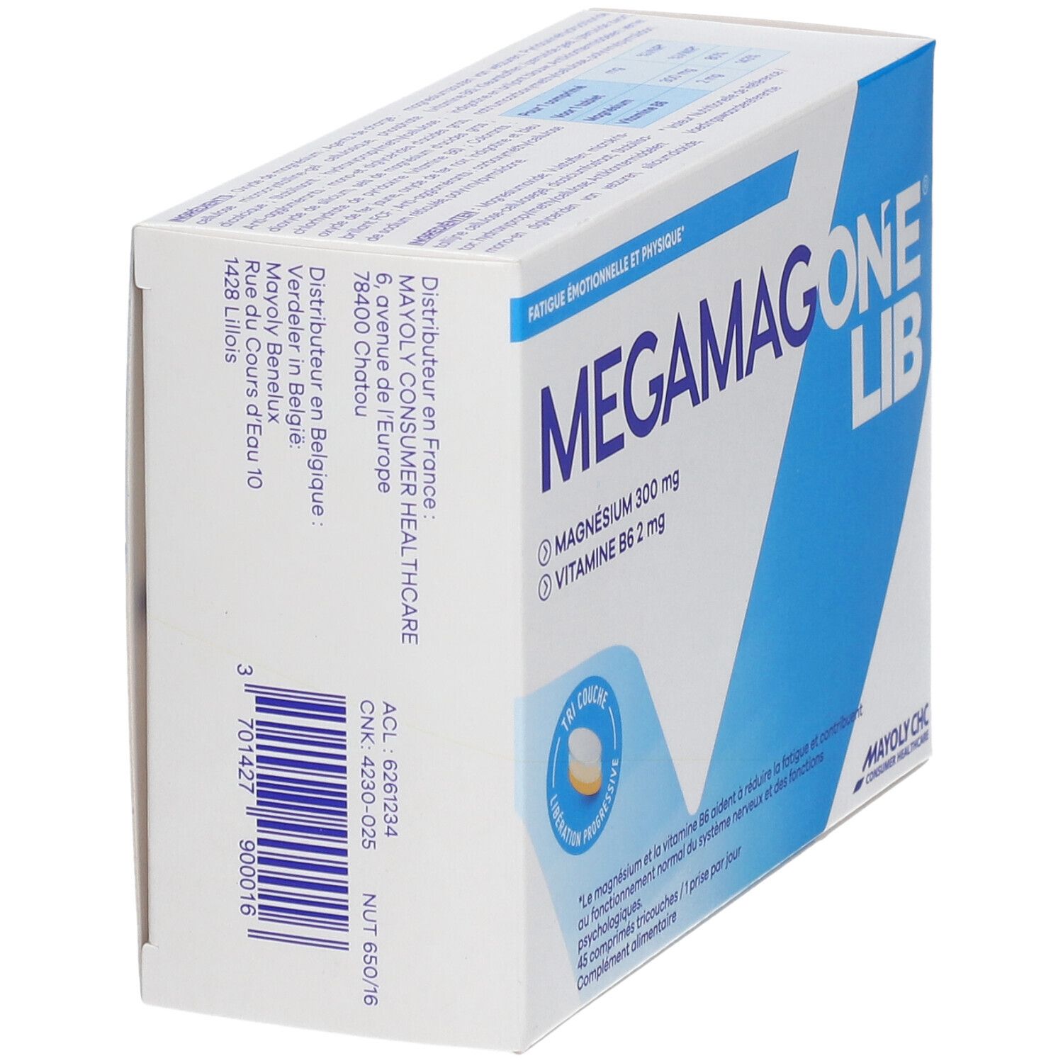 Vue latérale de l'emballage MEGAMAGONE LIB. Contient des informations sur le fabricant et les ingrédients. Boîte blanche et bleue.