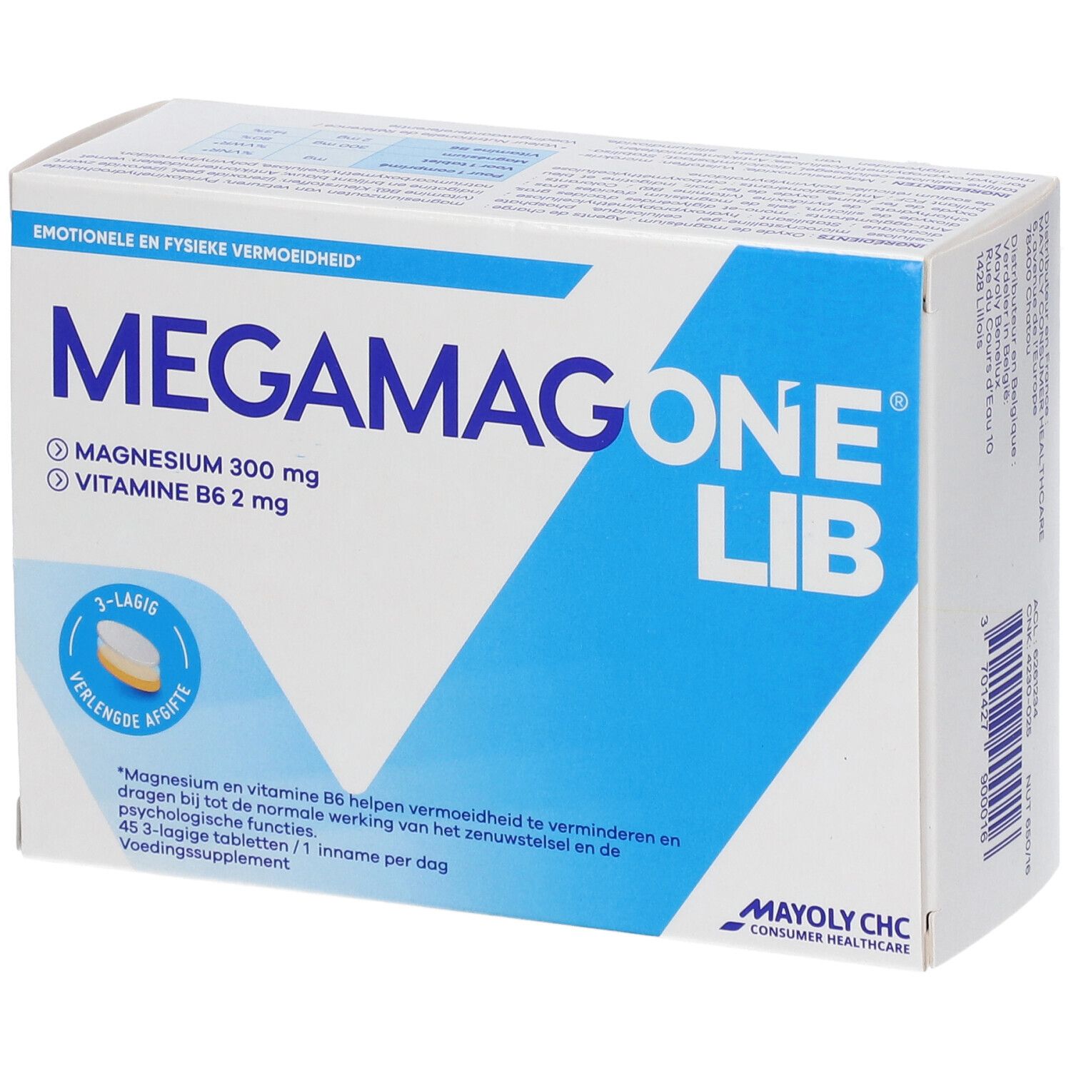 Boîte de MEGAMAGONE LIB. Contient magnésium et vitamine B6. Boîte blanche et bleue avec nom et ingrédients du produit.