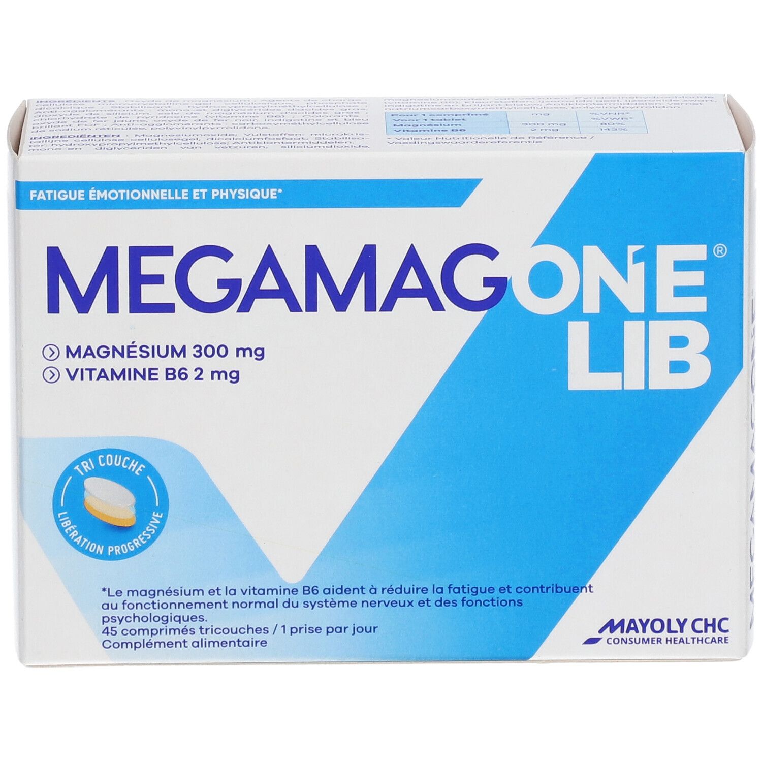 Boîte de MEGAMAGONE LIB. Contient magnésium et vitamine B6. Boîte blanche et bleue avec nom et ingrédients du produit.