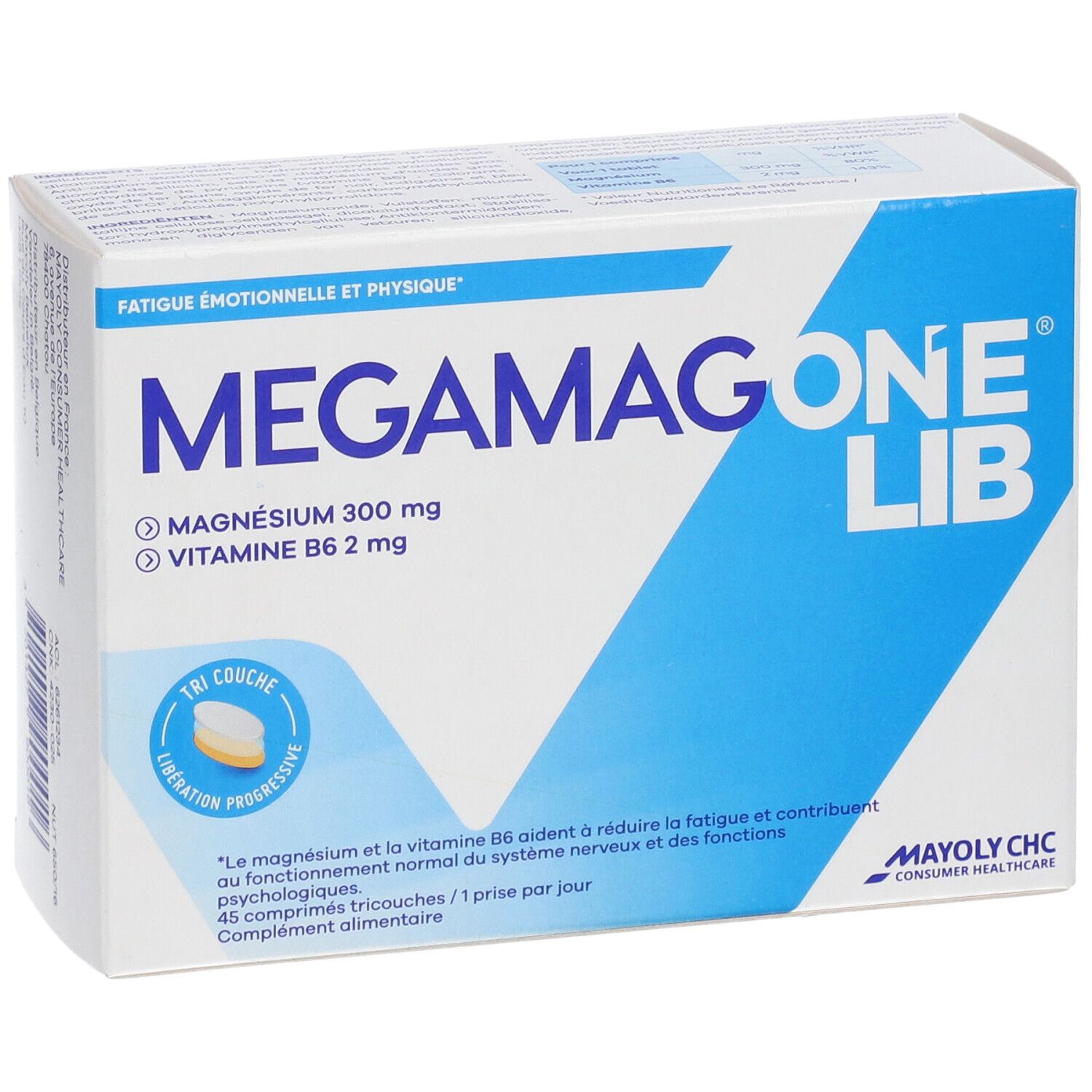 Boîte de MEGAMAGONE LIB. Contient magnésium et vitamine B6. Boîte blanche et bleue avec nom et ingrédients du produit.