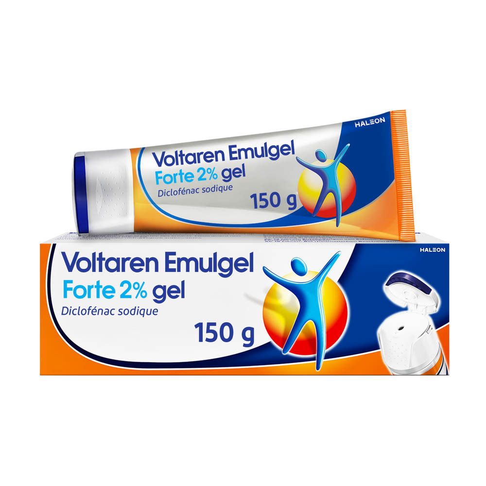 Tube et boîte de Voltaren Emulgel Forte 2% gel. Emballage bleu, orange et blanc. Texte.