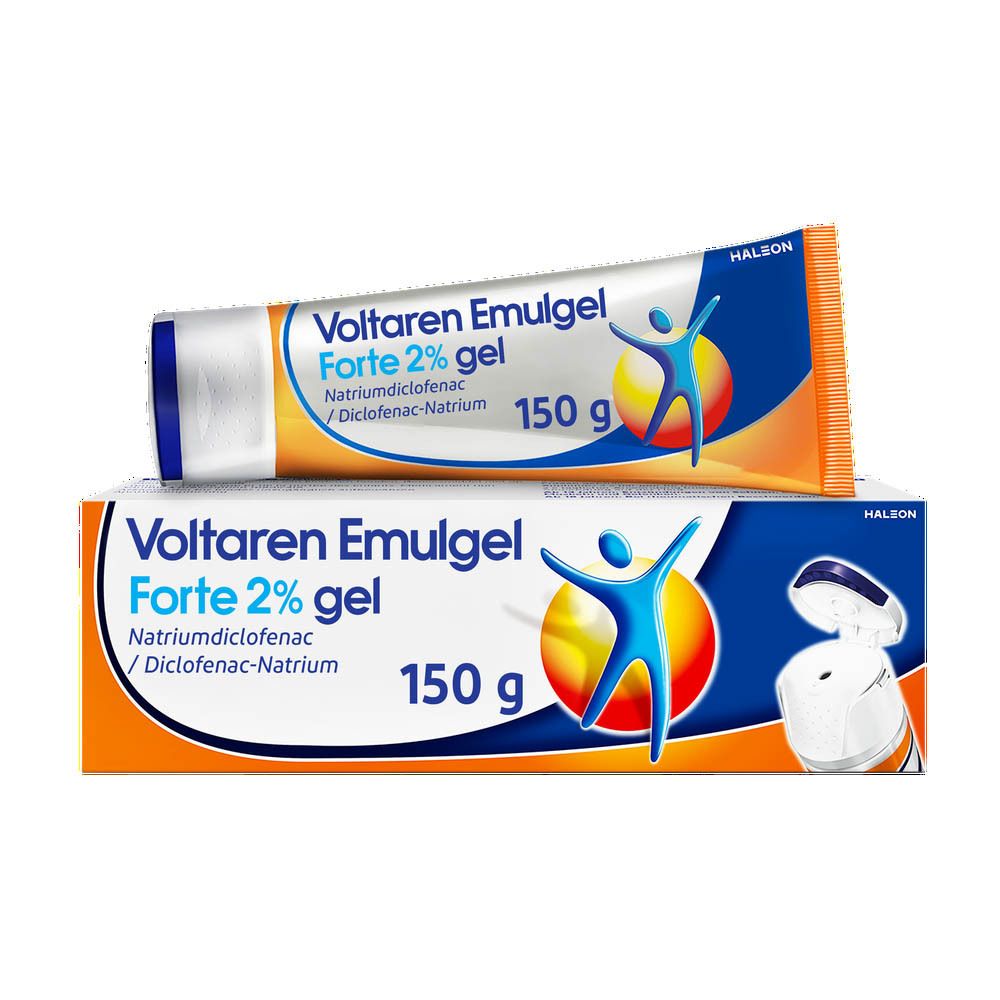 Tube en doos Voltaren Emulgel Forte 2% gel. Blauwe, oranje en witte verpakking. Tekst.