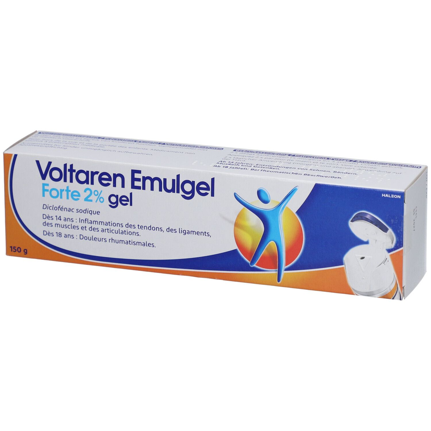 Boîte de Voltaren Emulgel Forte 2% gel. Emballage bleu, orange et blanc. Texte.