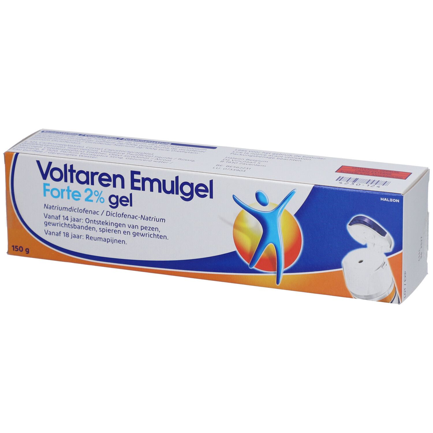 Boîte de Voltaren Emulgel Forte 2% gel. Emballage bleu, orange et blanc. Texte.