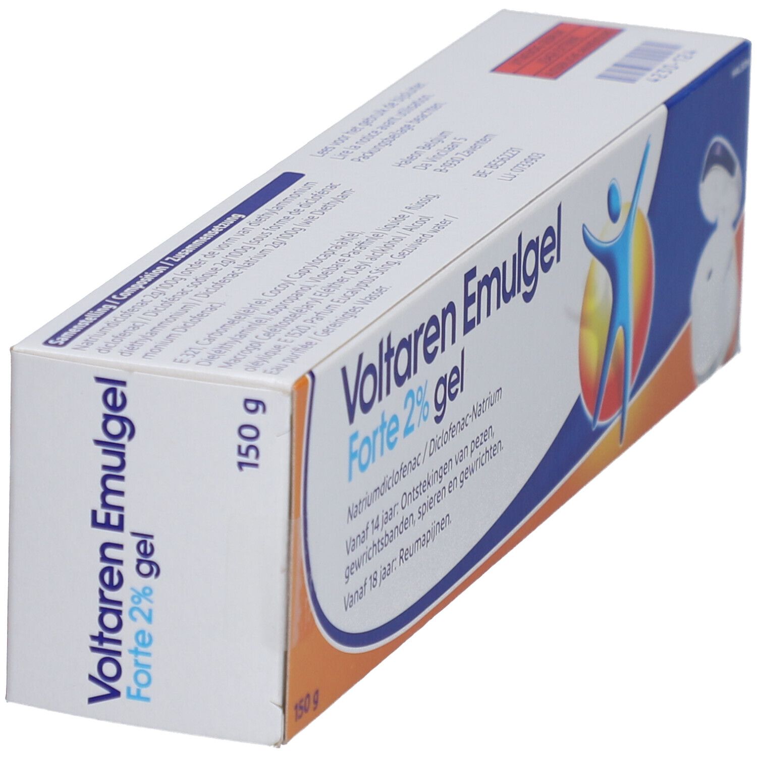 Boîte de Voltaren Emulgel Forte 2% gel. Emballage bleu, orange et blanc. Texte.